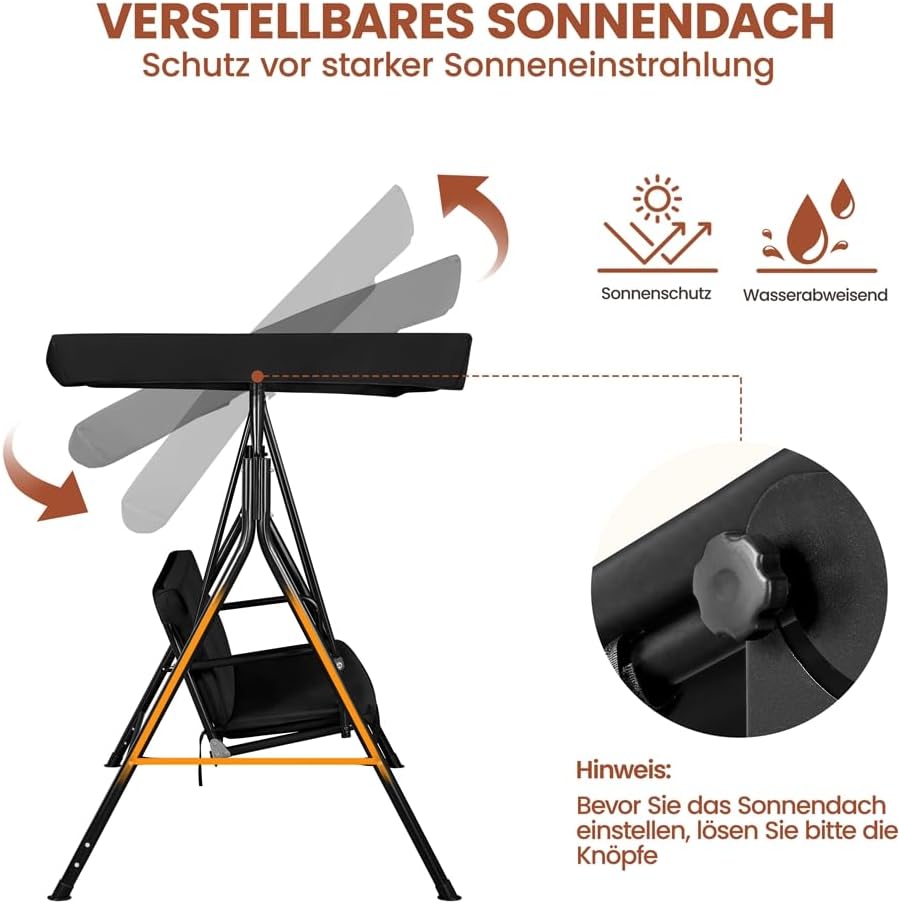 Yaheetech Schaukelbank Hollywoodschaukel 3-Sitzer Gartenschaukel mit Sonnendach Hängeschaukel mit Verstellbarem Ersatzbach bis 250 kg Belastbar Schwarz