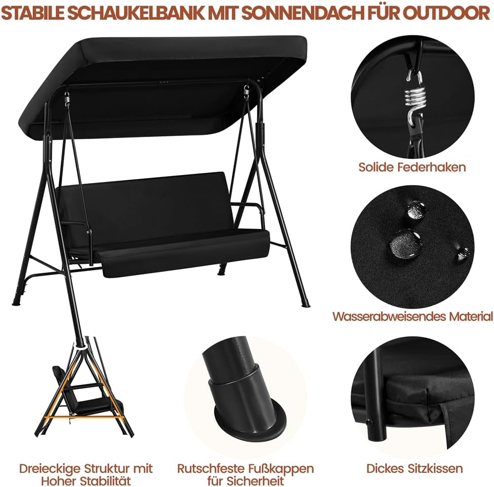 Yaheetech Schaukelbank Hollywoodschaukel 3-Sitzer Gartenschaukel mit Sonnendach Hängeschaukel mit Verstellbarem Ersatzbach bis 250 kg Belastbar Schwarz