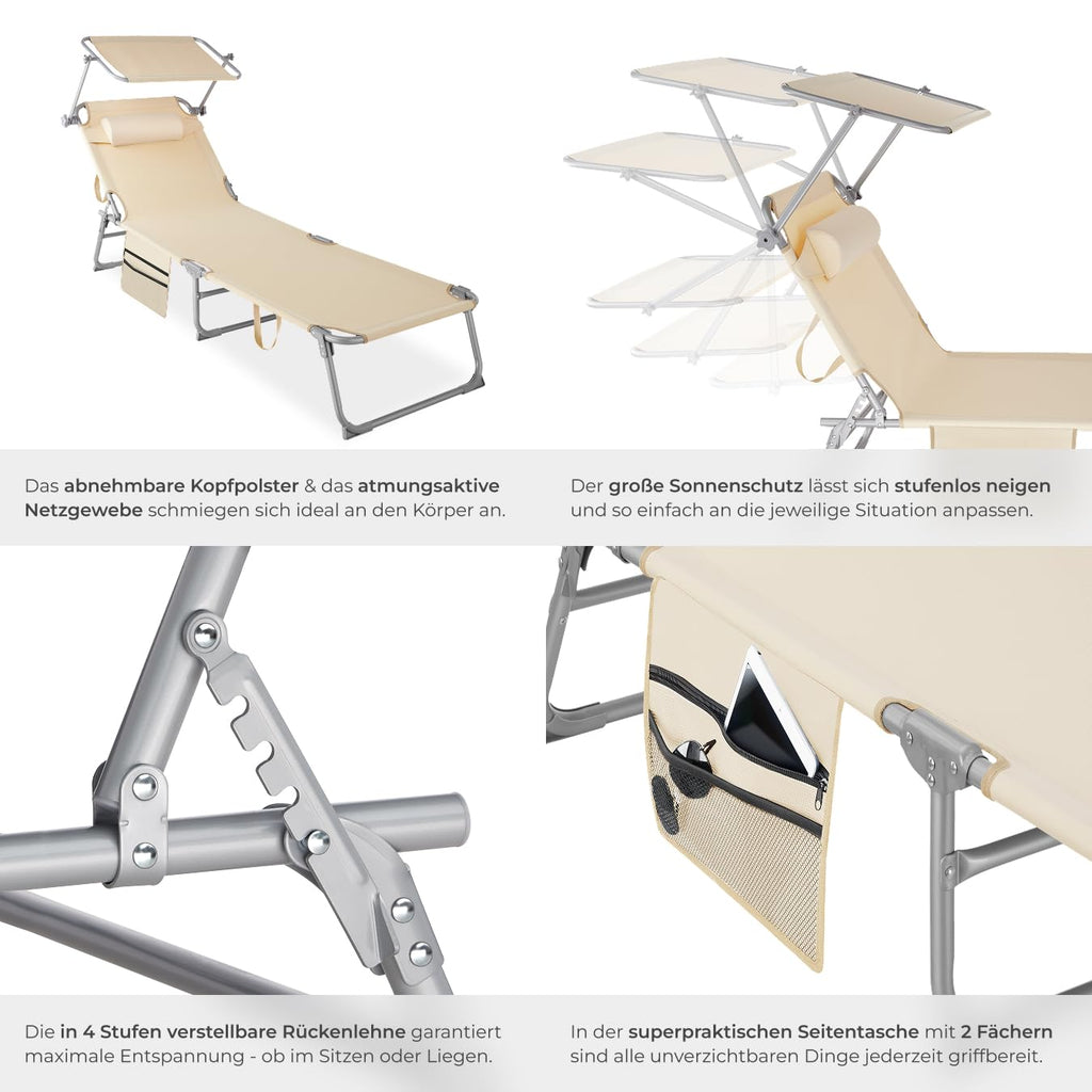 tectake® Sonnenliege klappbar, tragbar, Liege mit Seitentasche, Strandliege, Gartenliege mit Dach, Liegestuhl mit Verstellbarer Rückenlehne, inkl. Kopfkissen - für Balkon, Terrasse, Camping - beige