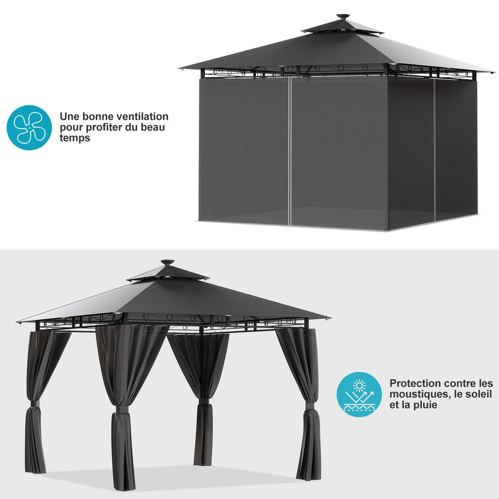 Devoko Garden Pavillon 3x3 Wasserdicht Stabil Winterfest Deluxe Gazebo, UV-Schutz 50+ Doppellagiges Grilpavillons mit seitenwänden für 4-8 Personen, Partyzelt für Freizeit, Partys,Grau mit LED