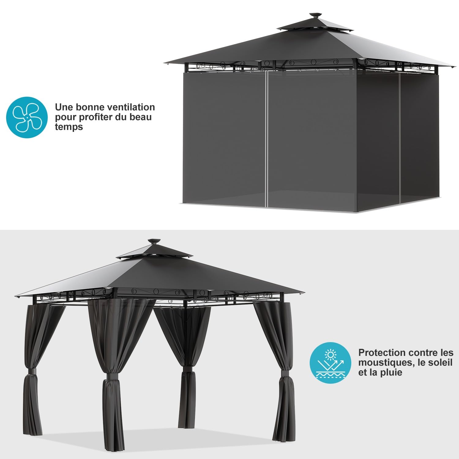 Devoko Garden Pavillon 3x3 Wasserdicht Stabil Winterfest Deluxe Gazebo, UV-Schutz 50+ Doppellagiges Grilpavillons mit seitenwänden für 4-8 Personen, Partyzelt für Freizeit, Partys,Grau mit LED