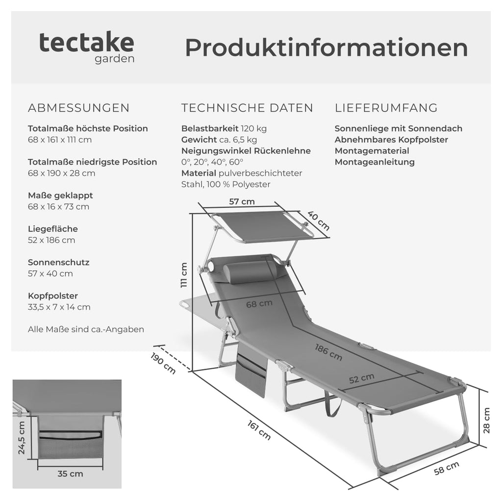tectake® Sonnenliege klappbar, tragbar, Liege mit Seitentasche, Strandliege, Gartenliege mit Dach, Liegestuhl mit Verstellbarer Rückenlehne, inkl. Kopfkissen - für Balkon, Terrasse, Camping - beige
