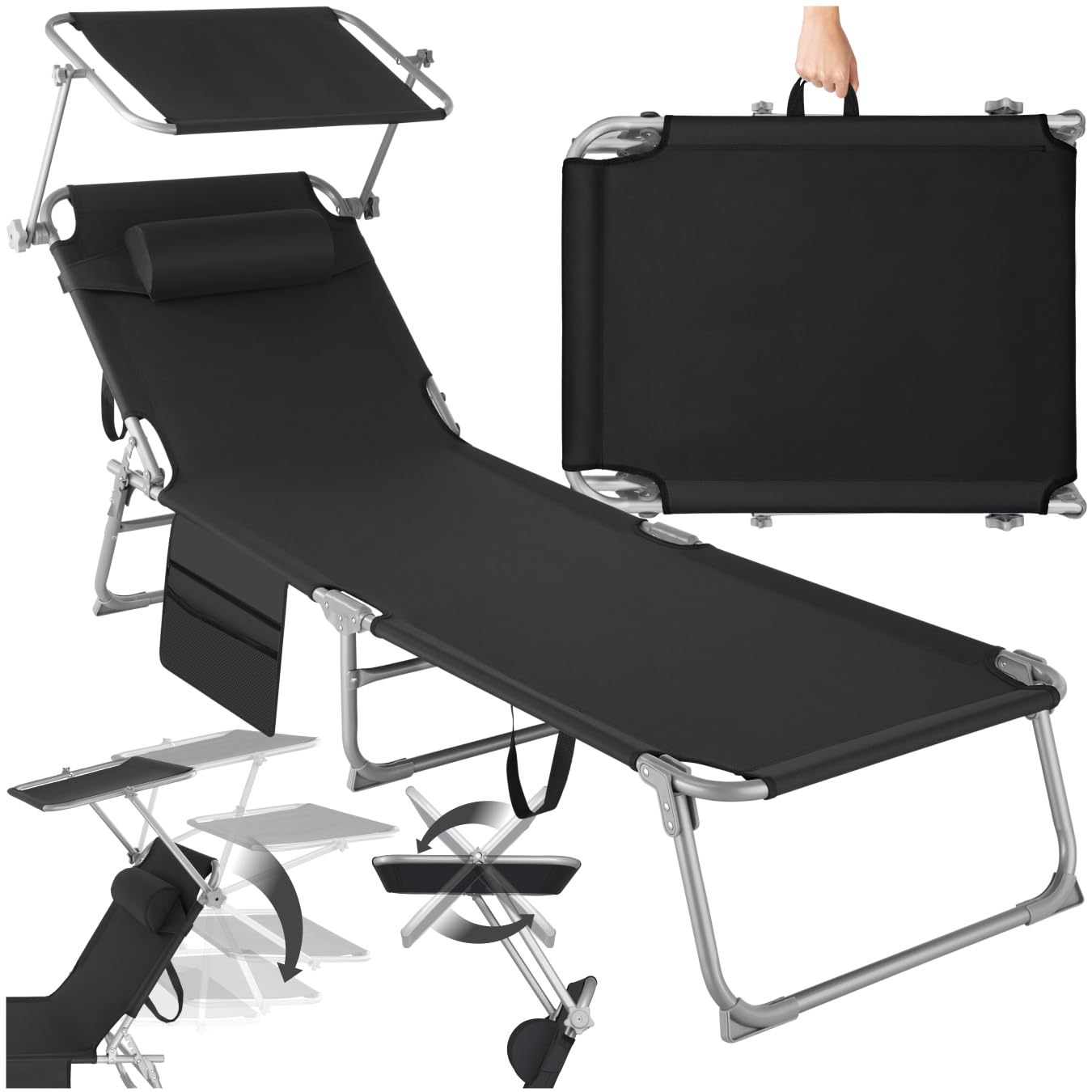 tectake® Sonnenliege klappbar, tragbar, Liege mit Seitentasche, Strandliege, Gartenliege mit Dach, Liegestuhl mit Verstellbarer Rückenlehne, inkl. Kopfkissen - für Balkon, Terrasse, Camping - beige