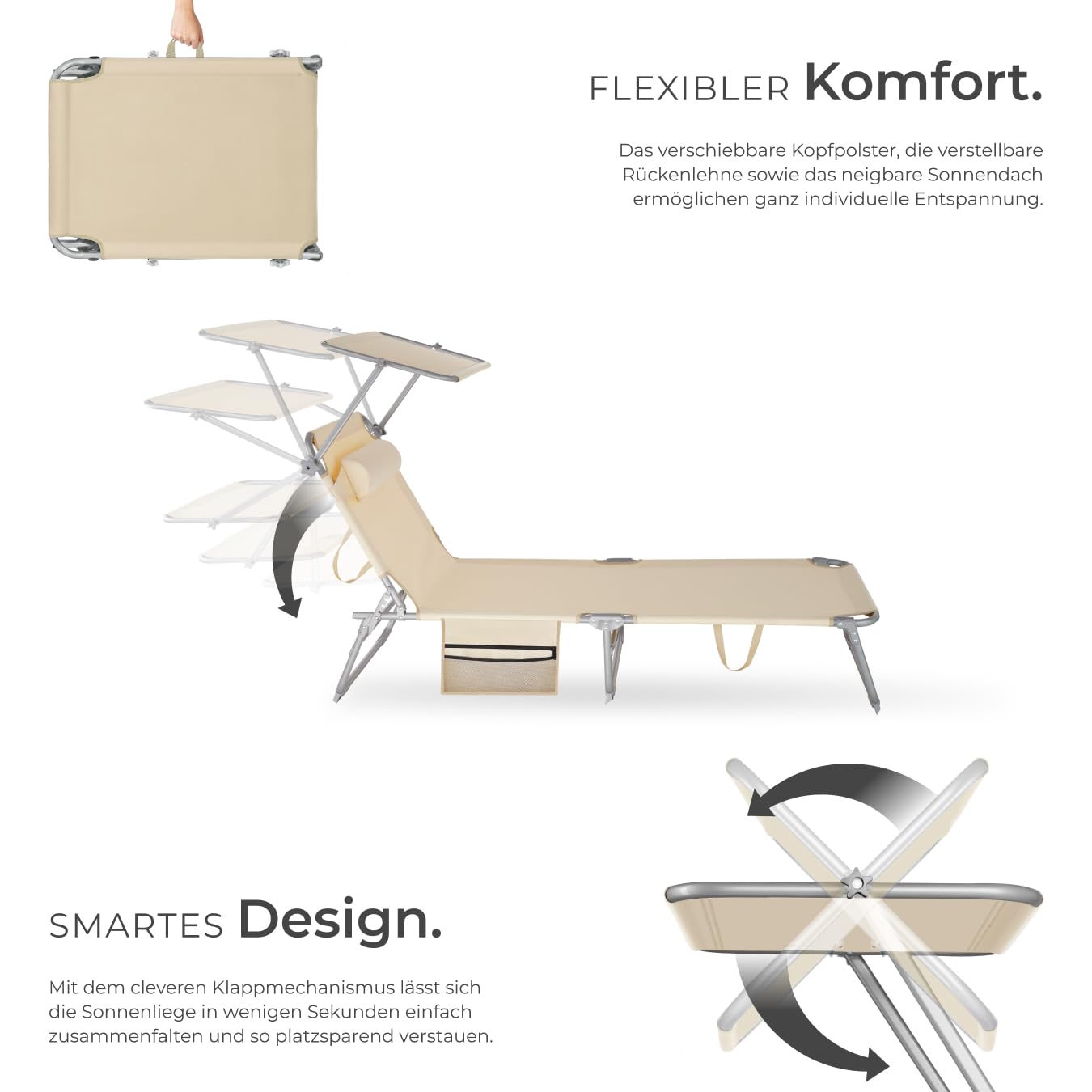 tectake® Sonnenliege klappbar, tragbar, Liege mit Seitentasche, Strandliege, Gartenliege mit Dach, Liegestuhl mit Verstellbarer Rückenlehne, inkl. Kopfkissen - für Balkon, Terrasse, Camping - beige