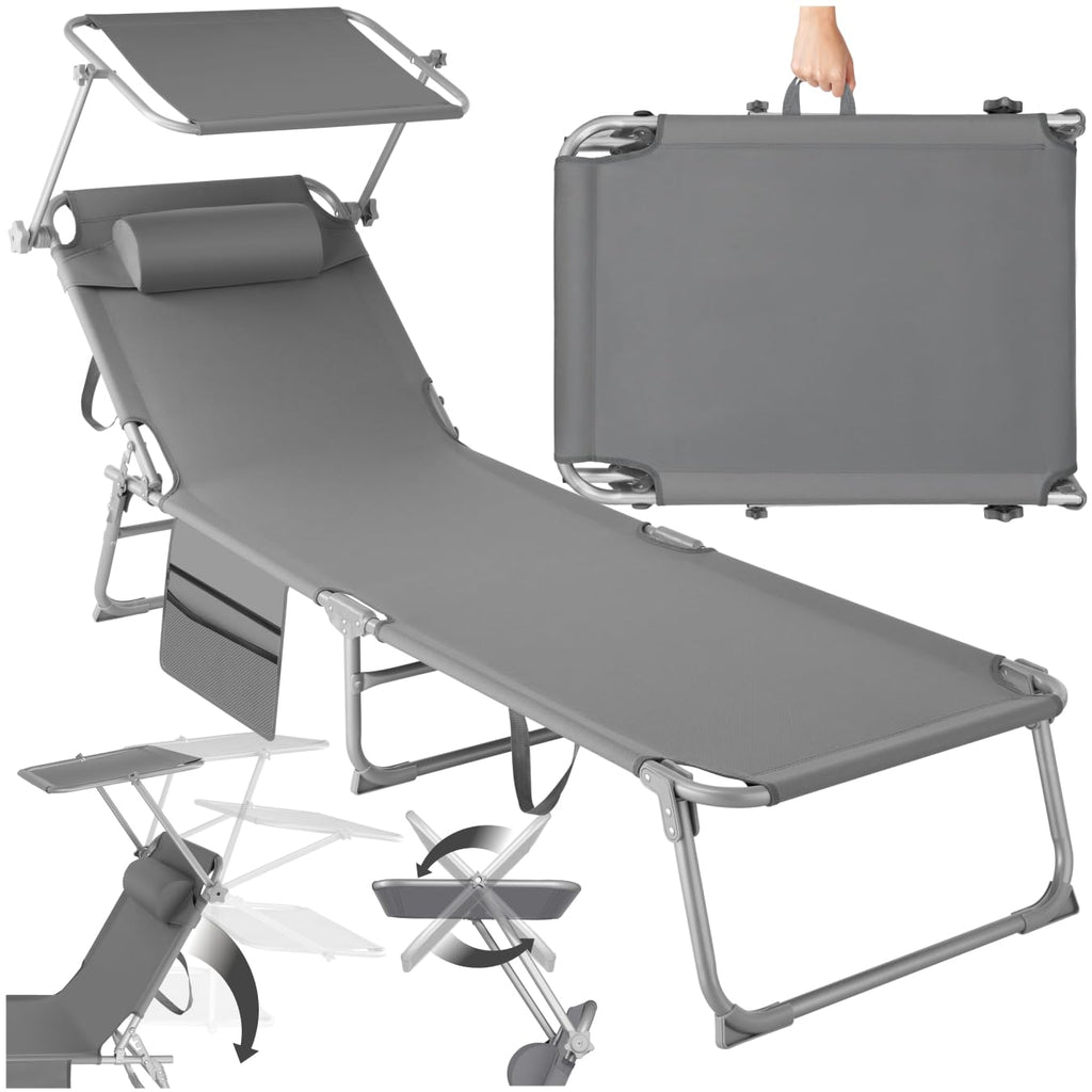 tectake® Sonnenliege klappbar, tragbar, Liege mit Seitentasche, Strandliege, Gartenliege mit Dach, Liegestuhl mit Verstellbarer Rückenlehne, inkl. Kopfkissen - für Balkon, Terrasse, Camping - beige