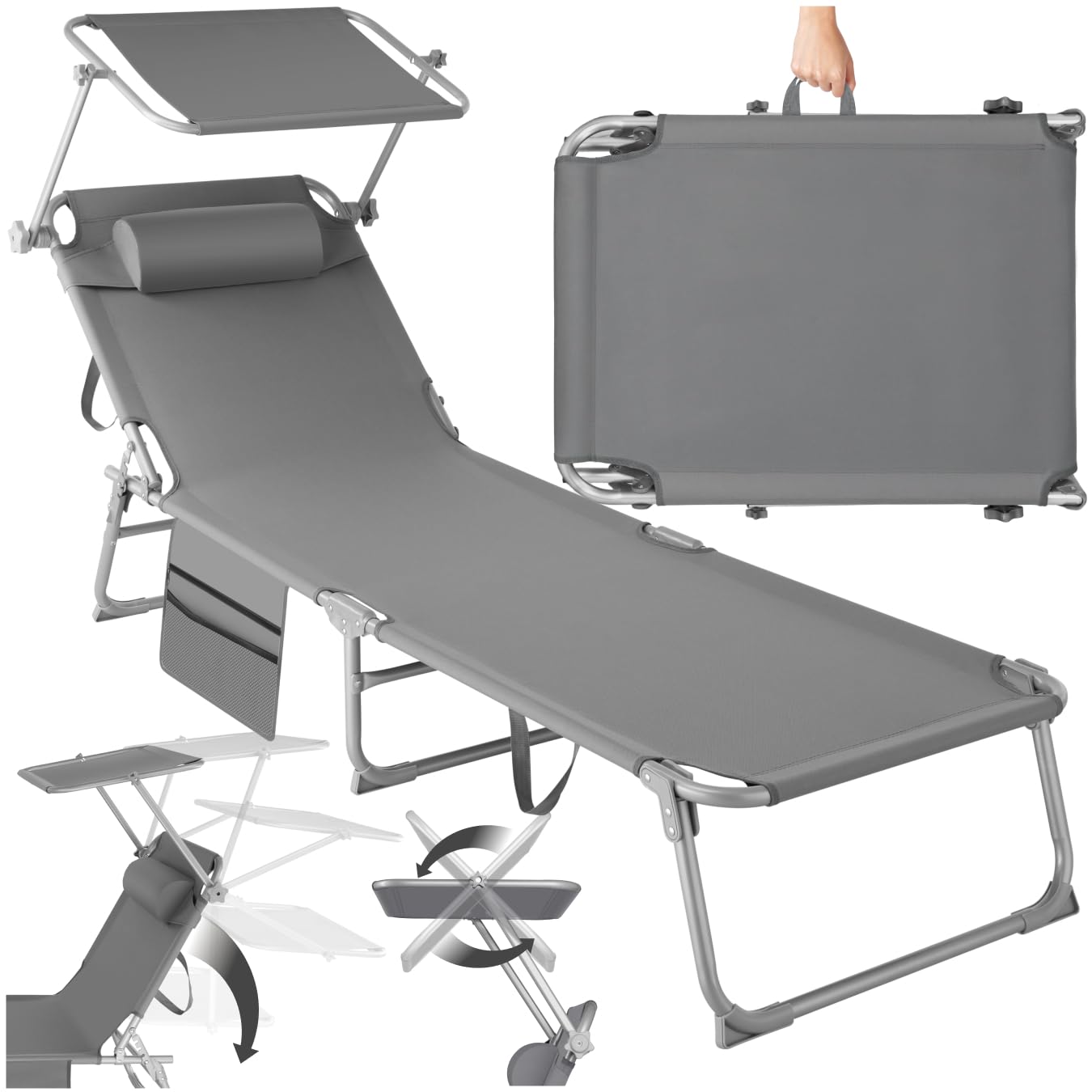 tectake® Sonnenliege klappbar, tragbar, Liege mit Seitentasche, Strandliege, Gartenliege mit Dach, Liegestuhl mit Verstellbarer Rückenlehne, inkl. Kopfkissen - für Balkon, Terrasse, Camping - beige