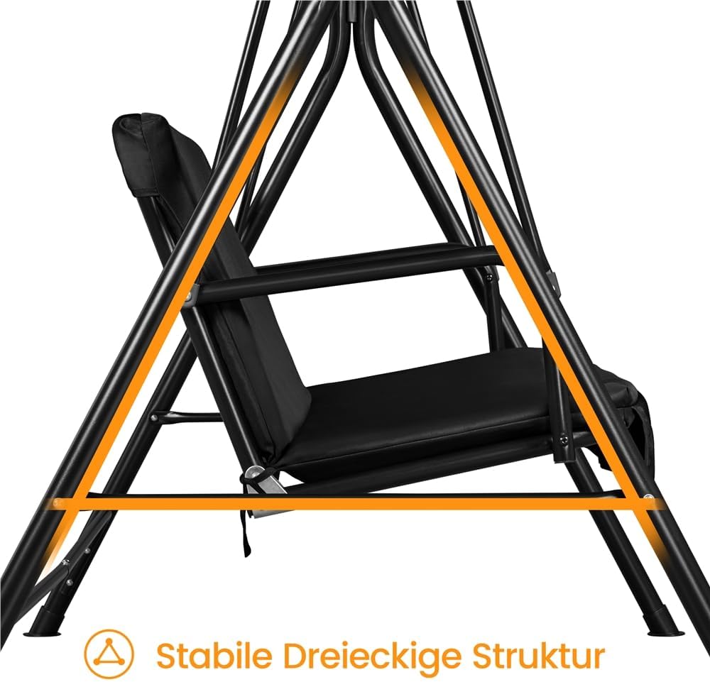 Yaheetech Schaukelbank Hollywoodschaukel 3-Sitzer Gartenschaukel mit Sonnendach Hängeschaukel mit Verstellbarem Ersatzbach bis 250 kg Belastbar Schwarz