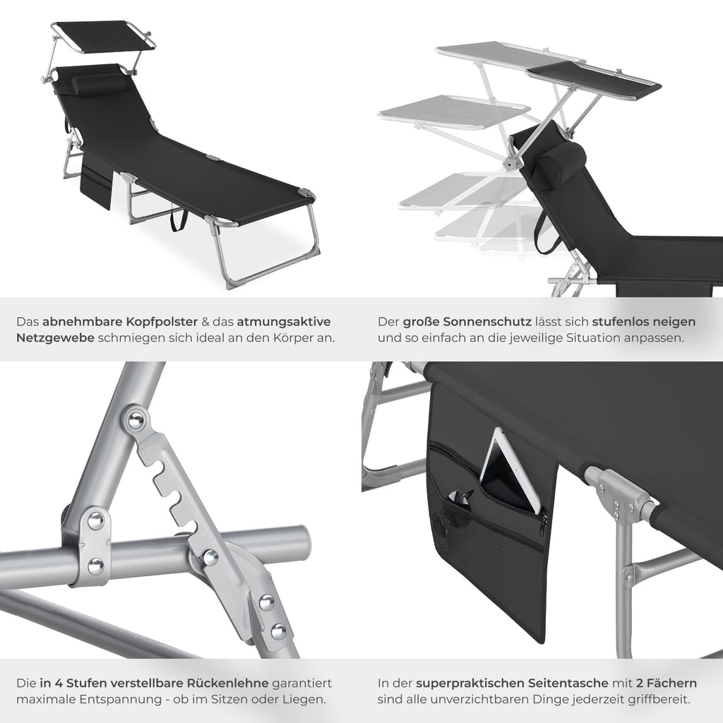 tectake® Sonnenliege klappbar, tragbar, Liege mit Seitentasche, Strandliege, Gartenliege mit Dach, Liegestuhl mit Verstellbarer Rückenlehne, inkl. Kopfkissen - für Balkon, Terrasse, Camping - beige