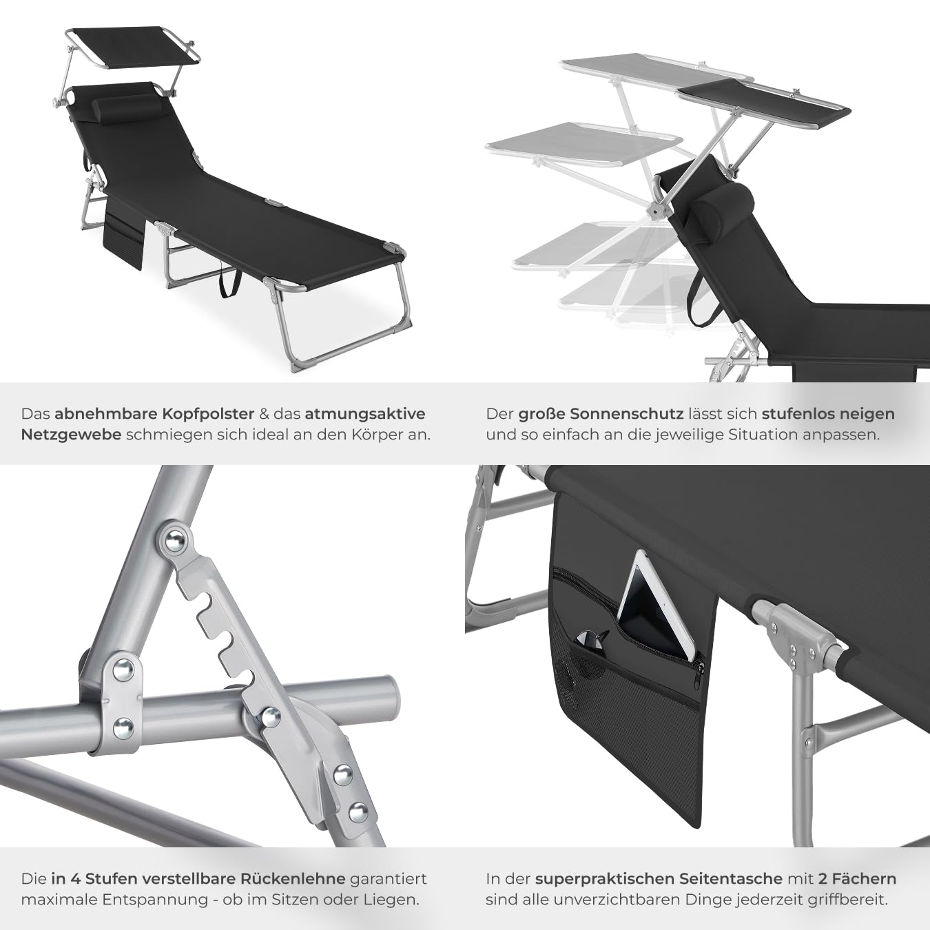 tectake® Sonnenliege klappbar, tragbar, Liege mit Seitentasche, Strandliege, Gartenliege mit Dach, Liegestuhl mit Verstellbarer Rückenlehne, inkl. Kopfkissen - für Balkon, Terrasse, Camping - beige