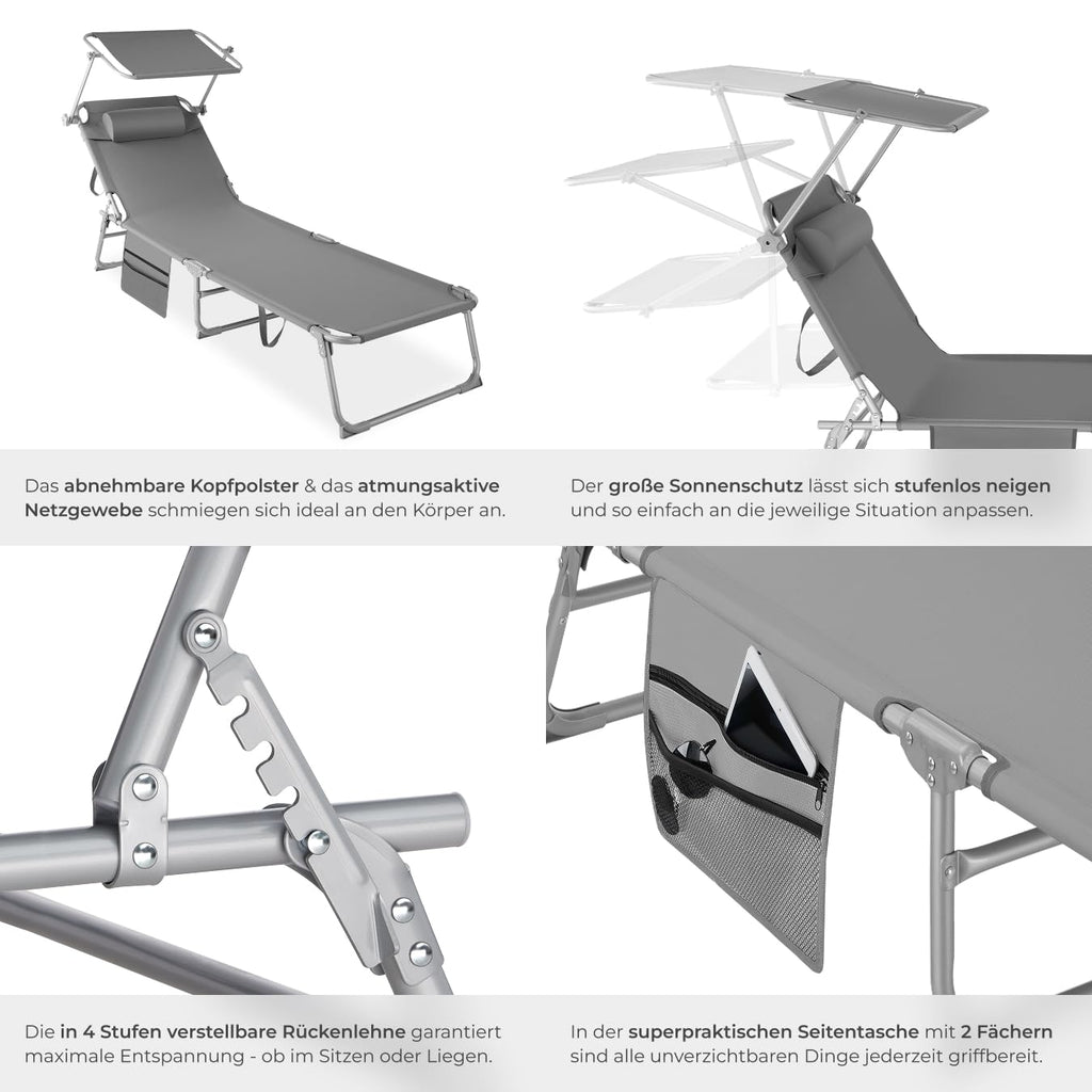 tectake® Sonnenliege klappbar, tragbar, Liege mit Seitentasche, Strandliege, Gartenliege mit Dach, Liegestuhl mit Verstellbarer Rückenlehne, inkl. Kopfkissen - für Balkon, Terrasse, Camping - beige
