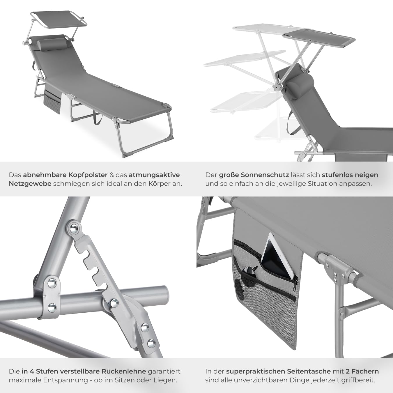 tectake® Sonnenliege klappbar, tragbar, Liege mit Seitentasche, Strandliege, Gartenliege mit Dach, Liegestuhl mit Verstellbarer Rückenlehne, inkl. Kopfkissen - für Balkon, Terrasse, Camping - beige
