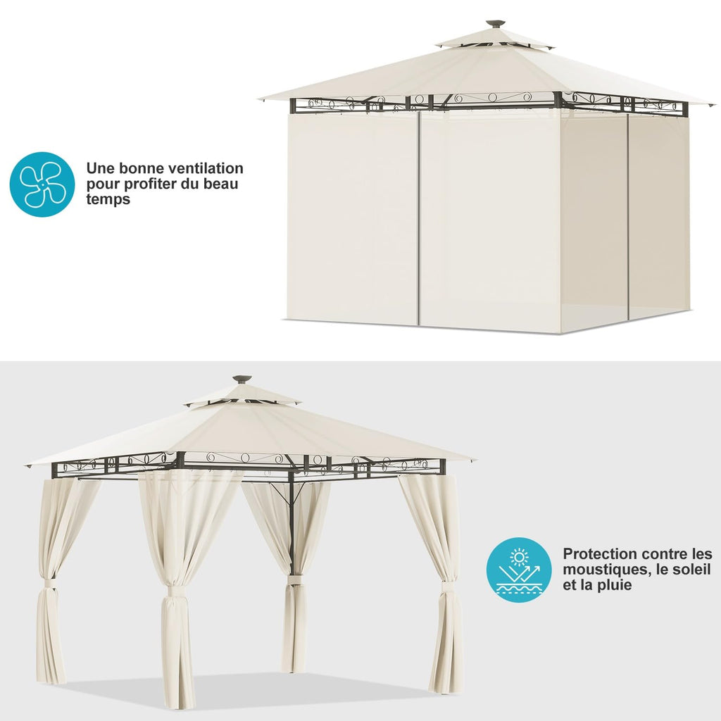 Devoko Garden Pavillon 3x3 Wasserdicht Stabil Winterfest Deluxe Gazebo, UV-Schutz 50+ Doppellagiges Grilpavillons mit seitenwänden für 4-8 Personen, Partyzelt für Freizeit, Partys,Grau mit LED