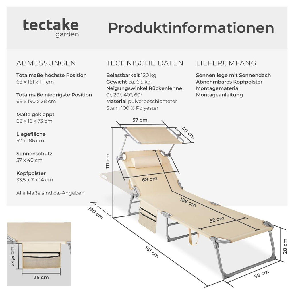 tectake® Sonnenliege klappbar, tragbar, Liege mit Seitentasche, Strandliege, Gartenliege mit Dach, Liegestuhl mit Verstellbarer Rückenlehne, inkl. Kopfkissen - für Balkon, Terrasse, Camping - beige