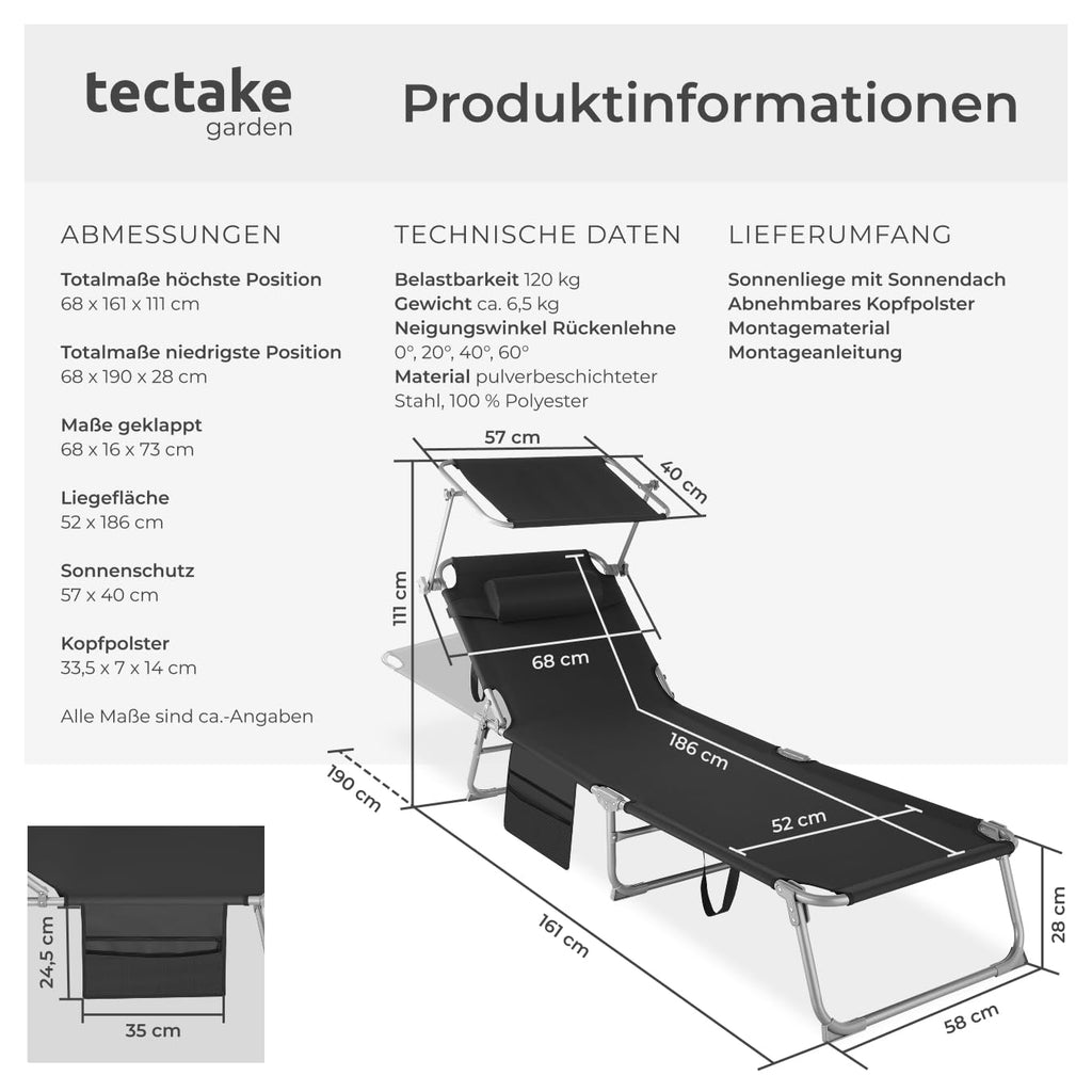 tectake® Sonnenliege klappbar, tragbar, Liege mit Seitentasche, Strandliege, Gartenliege mit Dach, Liegestuhl mit Verstellbarer Rückenlehne, inkl. Kopfkissen - für Balkon, Terrasse, Camping - beige