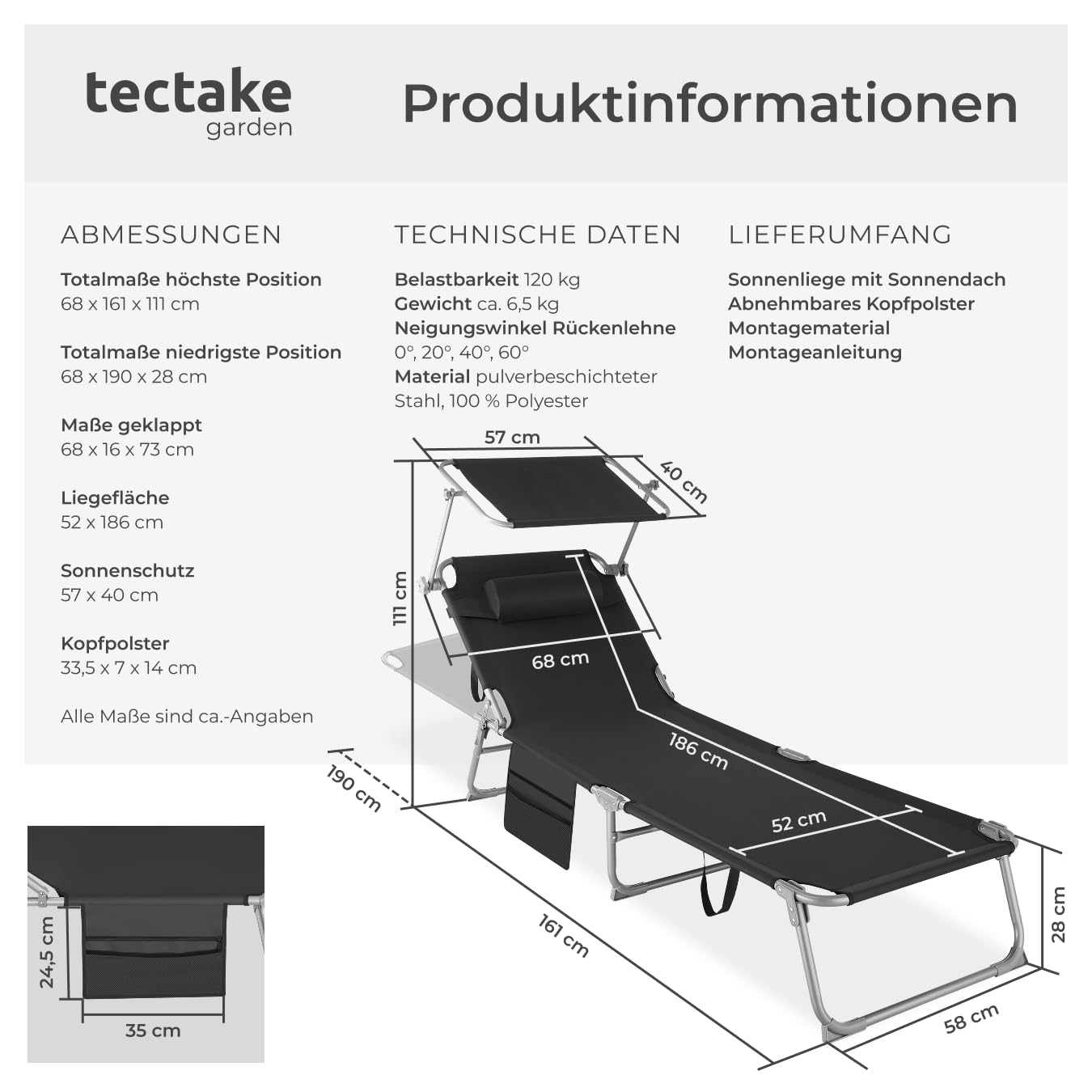 tectake® Sonnenliege klappbar, tragbar, Liege mit Seitentasche, Strandliege, Gartenliege mit Dach, Liegestuhl mit Verstellbarer Rückenlehne, inkl. Kopfkissen - für Balkon, Terrasse, Camping - beige