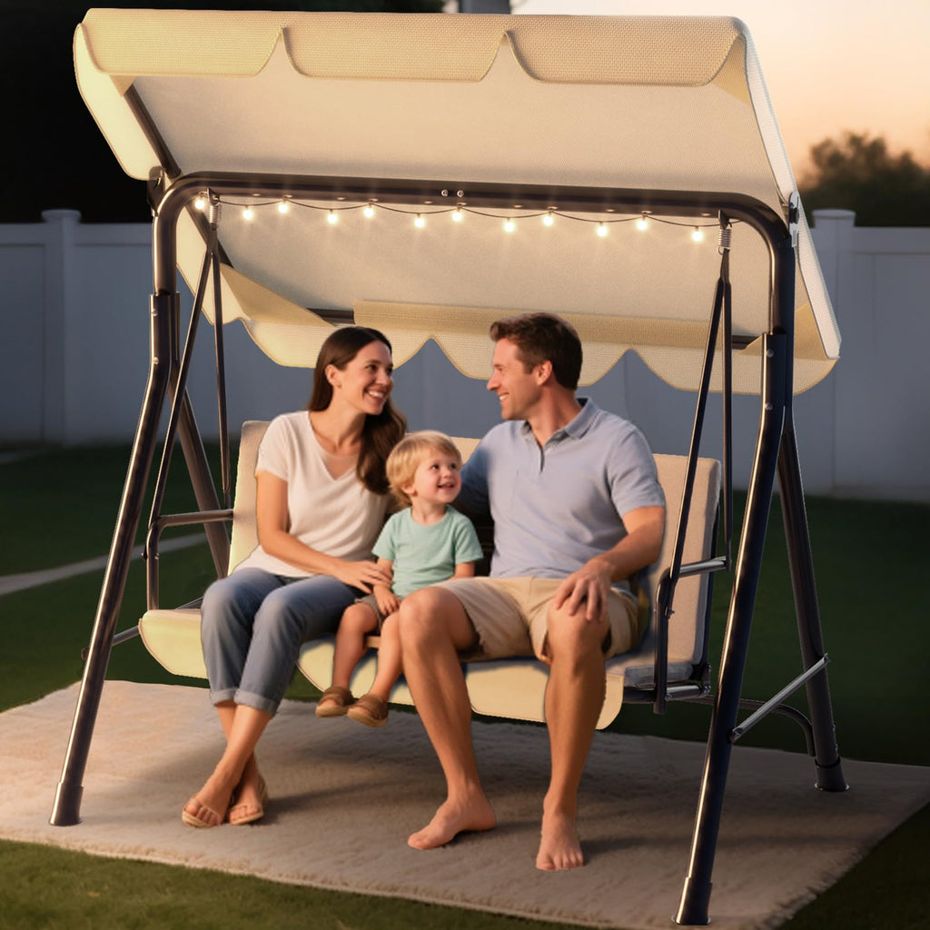 Soontrans 3-Sitzer Hollywoodschaukel, Familienzeit mit Leichtigkeit, Gartenschaukel mit Sonnendach & Gestell & Gepolsterte Sitzauflage, Belastbar bis 200 kg, aus Stahl (193 x 110 x 152 cm, Beige)
