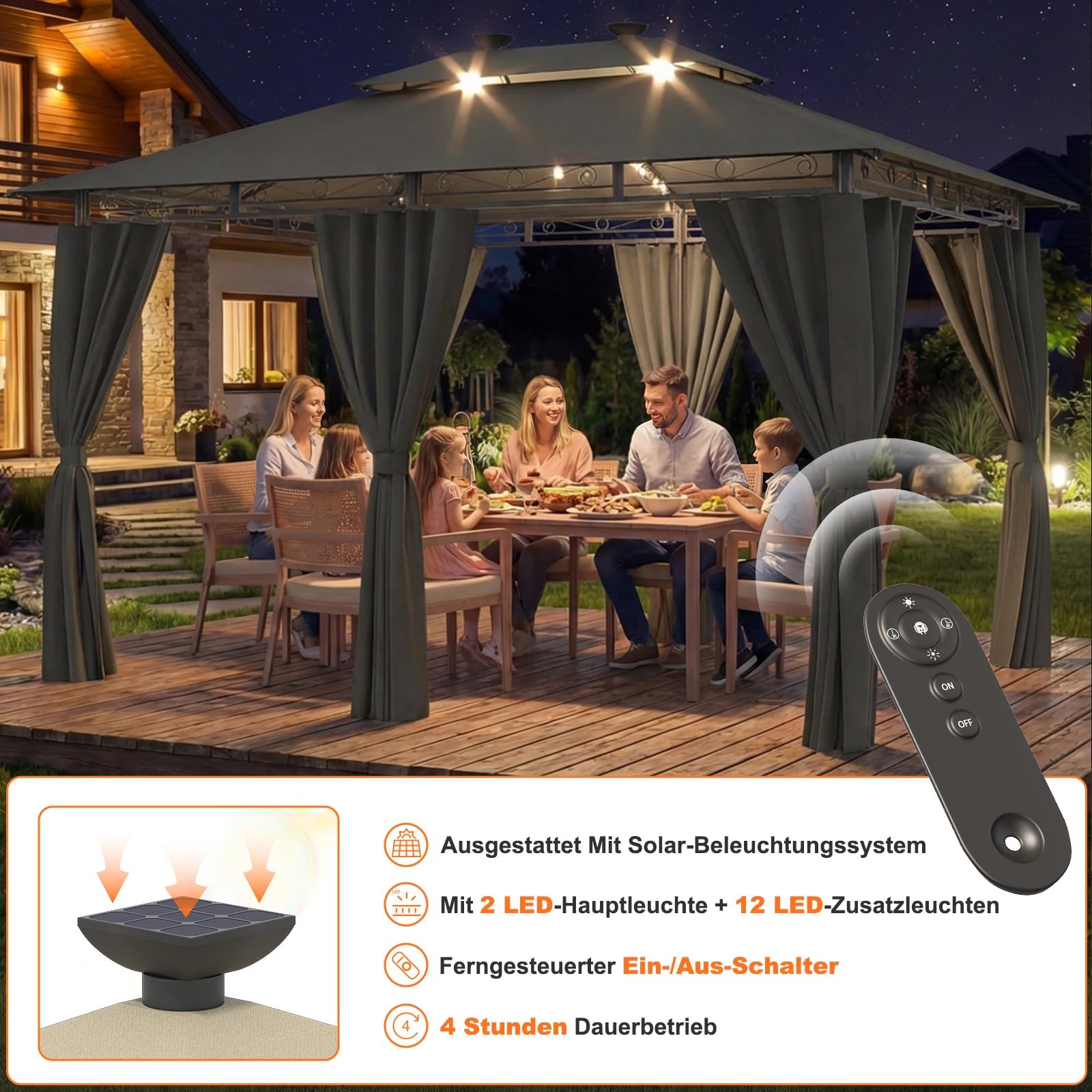 Devoko Garden Pavillon 3x3 Wasserdicht Stabil Winterfest Deluxe Gazebo, UV-Schutz 50+ Doppellagiges Grilpavillons mit seitenwänden für 4-8 Personen, Partyzelt für Freizeit, Partys,Grau mit LED
