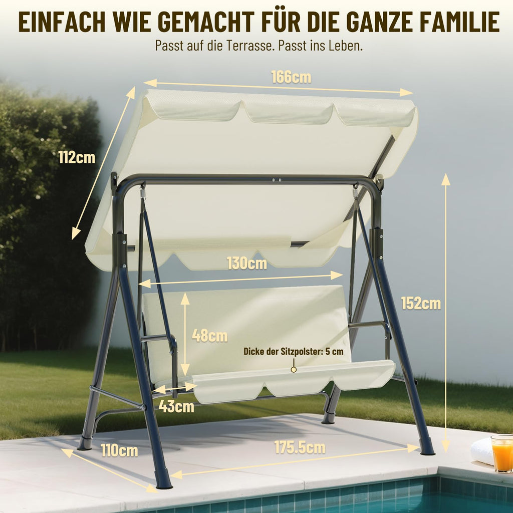 Soontrans 3-Sitzer Hollywoodschaukel, Familienzeit mit Leichtigkeit, Gartenschaukel mit Sonnendach & Gestell & Gepolsterte Sitzauflage, Belastbar bis 200 kg, aus Stahl (193 x 110 x 152 cm, Beige)