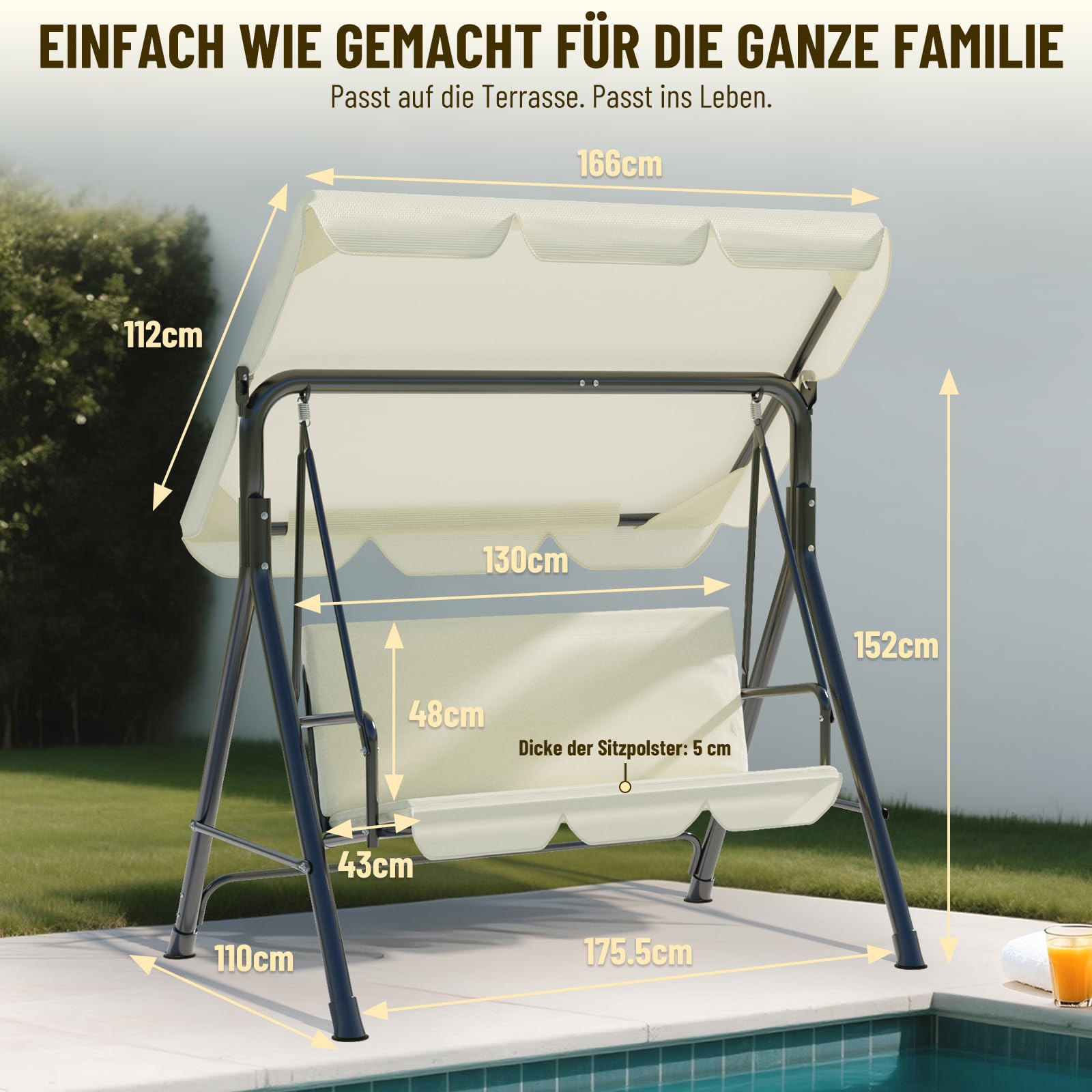Soontrans 3-Sitzer Hollywoodschaukel, Familienzeit mit Leichtigkeit, Gartenschaukel mit Sonnendach & Gestell & Gepolsterte Sitzauflage, Belastbar bis 200 kg, aus Stahl (193 x 110 x 152 cm, Beige)