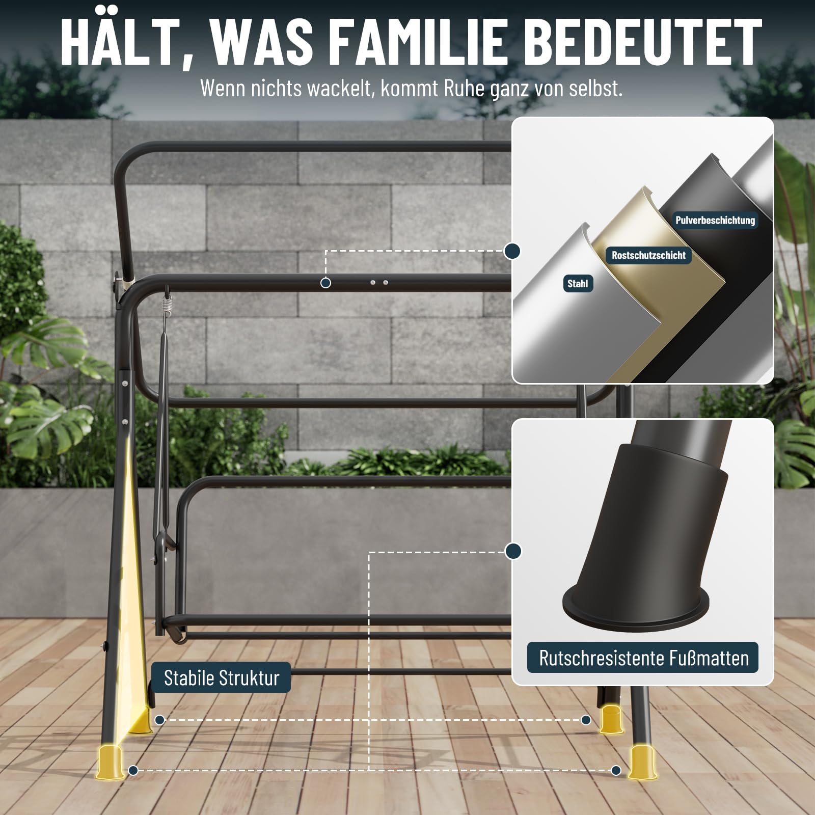 Soontrans 3-Sitzer Hollywoodschaukel, Familienzeit mit Leichtigkeit, Gartenschaukel mit Sonnendach & Gestell & Gepolsterte Sitzauflage, Belastbar bis 200 kg, aus Stahl (193 x 110 x 152 cm, Beige)