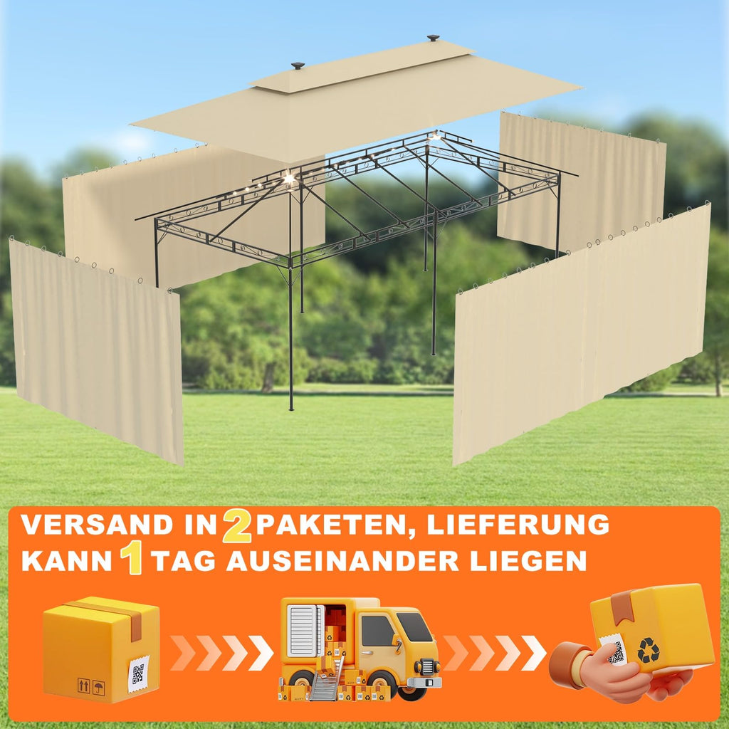 Devoko Garden Pavillon 3x3 Wasserdicht Stabil Winterfest Deluxe Gazebo, UV-Schutz 50+ Doppellagiges Grilpavillons mit seitenwänden für 4-8 Personen, Partyzelt für Freizeit, Partys,Grau mit LED