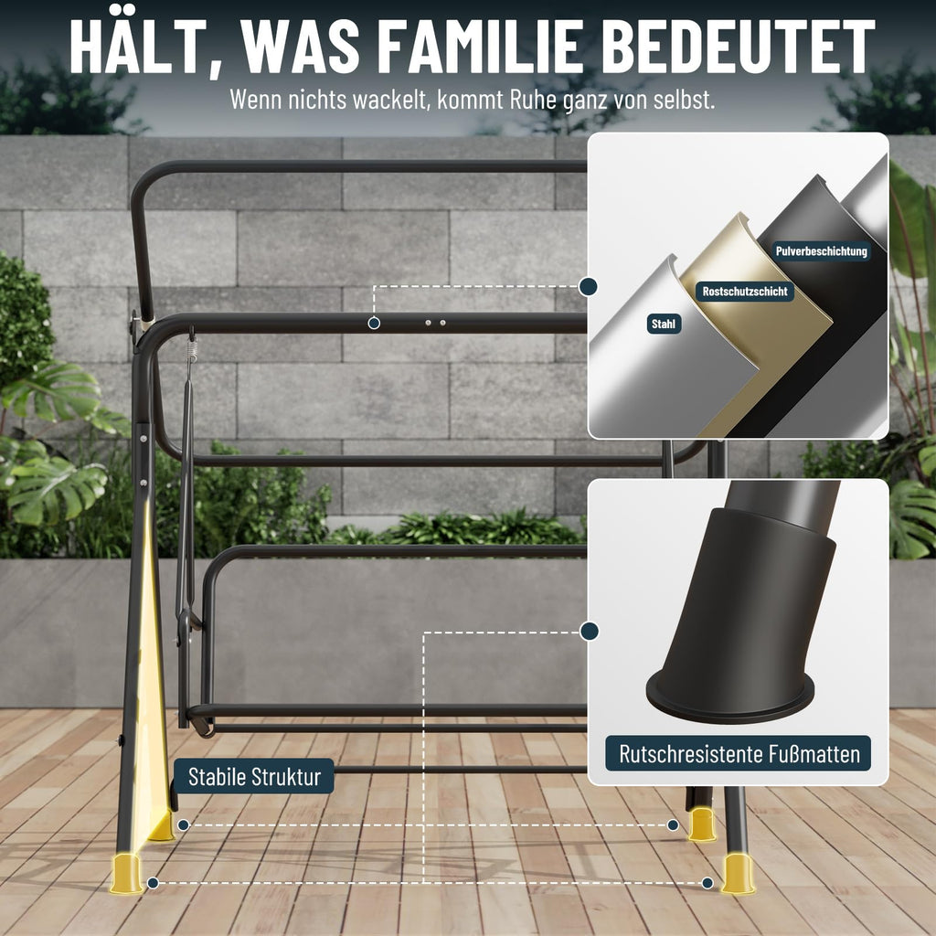 Soontrans 3-Sitzer Hollywoodschaukel, Familienzeit mit Leichtigkeit, Gartenschaukel mit Sonnendach & Gestell & Gepolsterte Sitzauflage, Belastbar bis 200 kg, aus Stahl (193 x 110 x 152 cm, Beige)