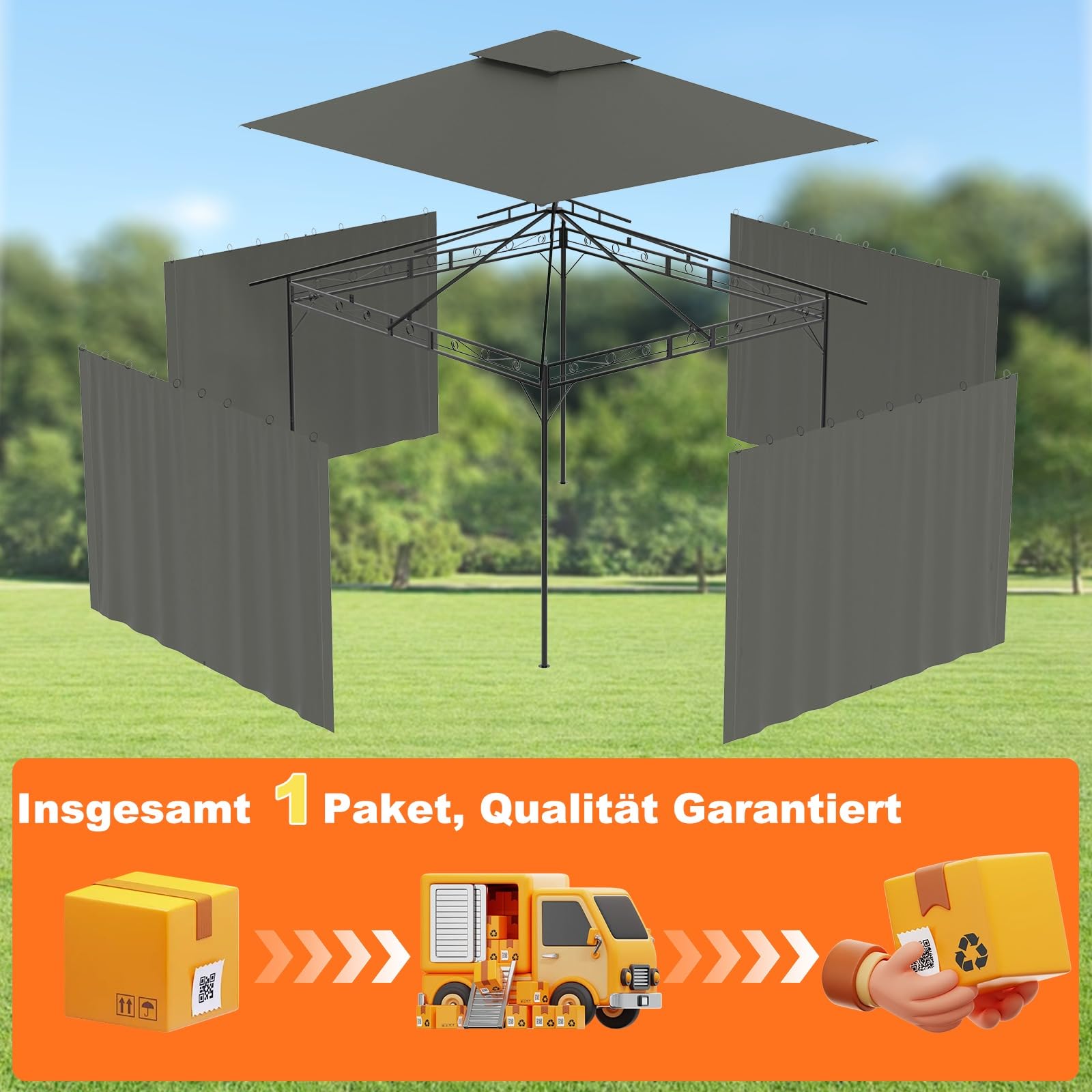 Devoko Garden Pavillon 3x3 Wasserdicht Stabil Winterfest Deluxe Gazebo, UV-Schutz 50+ Doppellagiges Grilpavillons mit seitenwänden für 4-8 Personen, Partyzelt für Freizeit, Partys,Grau mit LED
