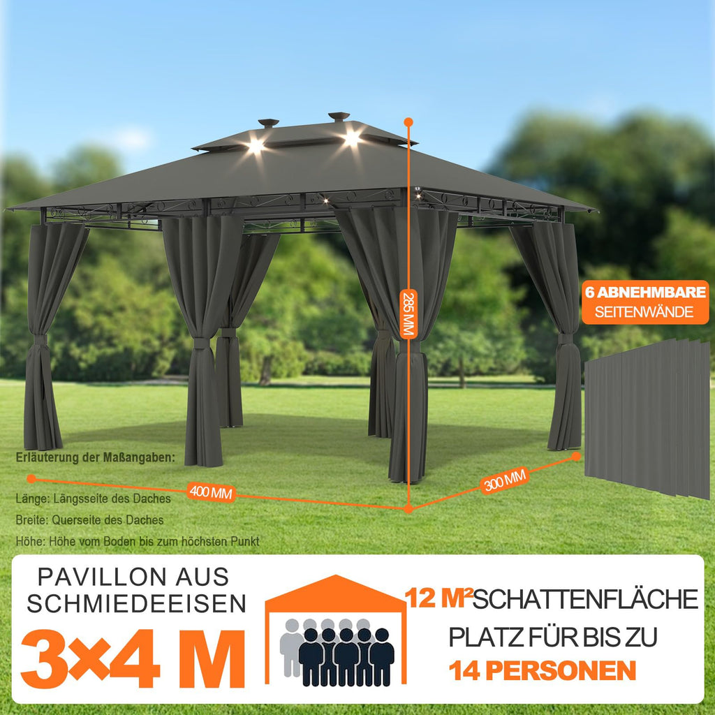 Devoko Garden Pavillon 3x3 Wasserdicht Stabil Winterfest Deluxe Gazebo, UV-Schutz 50+ Doppellagiges Grilpavillons mit seitenwänden für 4-8 Personen, Partyzelt für Freizeit, Partys,Grau mit LED