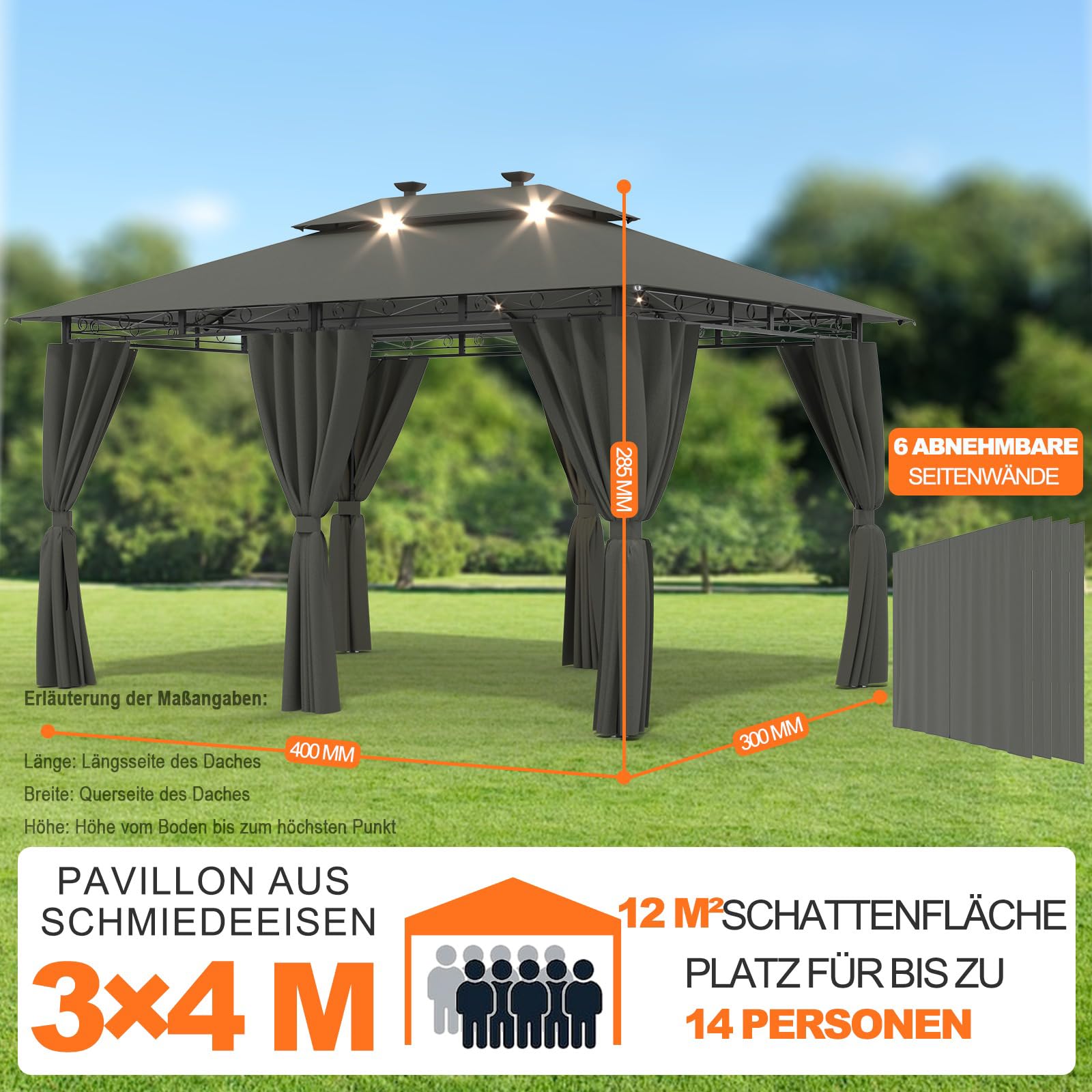 Devoko Garden Pavillon 3x3 Wasserdicht Stabil Winterfest Deluxe Gazebo, UV-Schutz 50+ Doppellagiges Grilpavillons mit seitenwänden für 4-8 Personen, Partyzelt für Freizeit, Partys,Grau mit LED