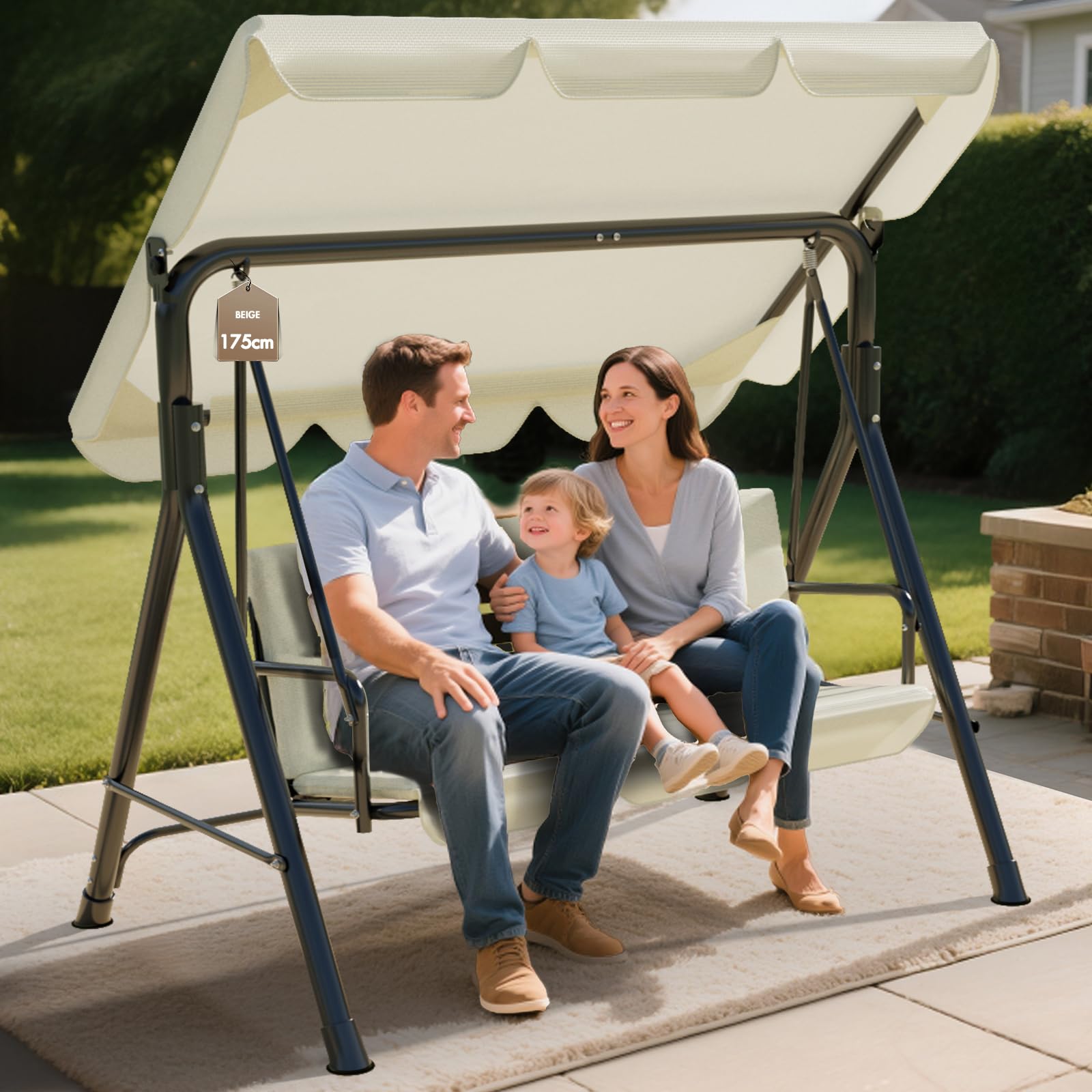 Soontrans 3-Sitzer Hollywoodschaukel, Familienzeit mit Leichtigkeit, Gartenschaukel mit Sonnendach & Gestell & Gepolsterte Sitzauflage, Belastbar bis 200 kg, aus Stahl (193 x 110 x 152 cm, Beige)