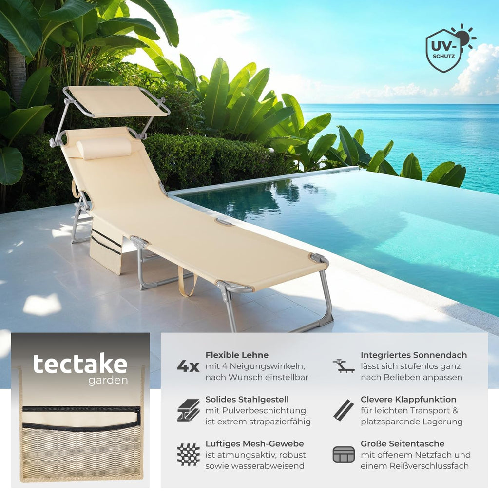 tectake® Sonnenliege klappbar, tragbar, Liege mit Seitentasche, Strandliege, Gartenliege mit Dach, Liegestuhl mit Verstellbarer Rückenlehne, inkl. Kopfkissen - für Balkon, Terrasse, Camping - beige