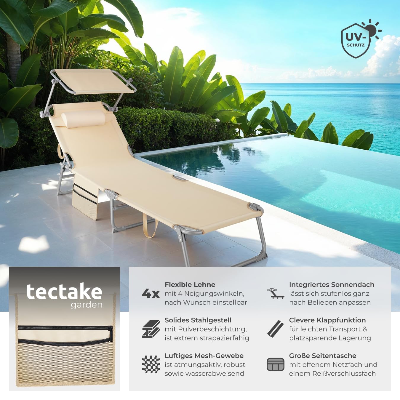 tectake® Sonnenliege klappbar, tragbar, Liege mit Seitentasche, Strandliege, Gartenliege mit Dach, Liegestuhl mit Verstellbarer Rückenlehne, inkl. Kopfkissen - für Balkon, Terrasse, Camping - beige