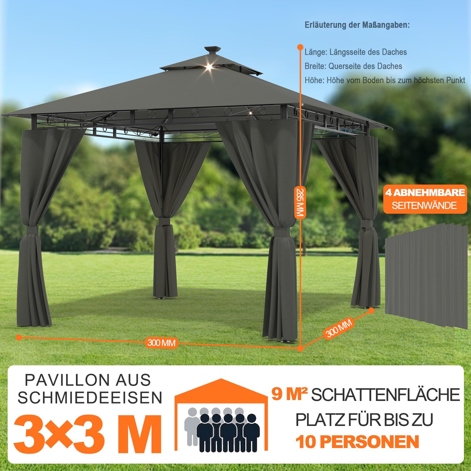 Devoko Garden Pavillon 3x3 Wasserdicht Stabil Winterfest Deluxe Gazebo, UV-Schutz 50+ Doppellagiges Grilpavillons mit seitenwänden für 4-8 Personen, Partyzelt für Freizeit, Partys,Grau mit LED