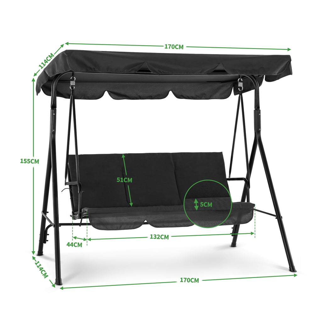M MCombo 3-Sitzer Hollywoodschaukel, Gartenschaukel mit Verstellbarem Sonnendach, Schaukelbank Outdoor, Gartenliege Wetterfest, 114 x 170 x 155 cm, Grau 8003