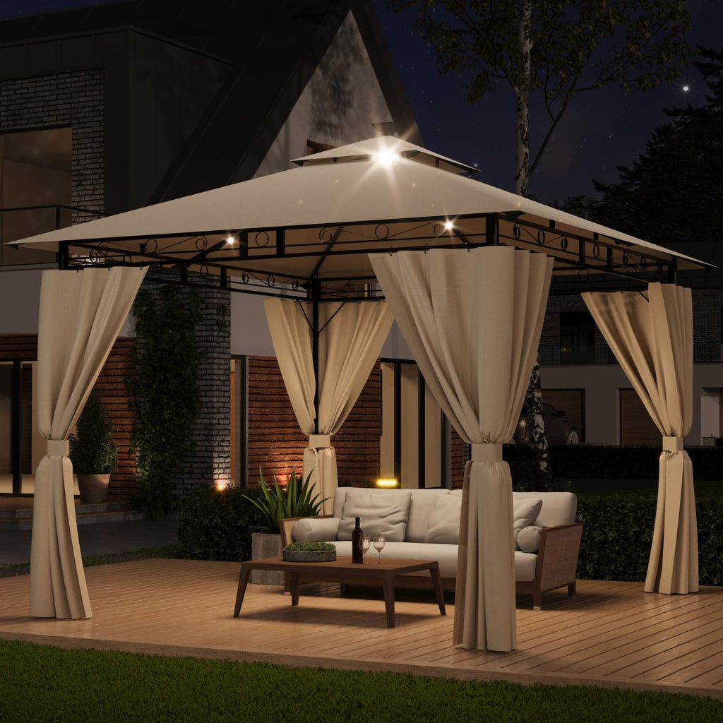 Devoko Garden Pavillon 3x3 Wasserdicht Stabil Winterfest Deluxe Gazebo, UV-Schutz 50+ Doppellagiges Grilpavillons mit seitenwänden für 4-8 Personen, Partyzelt für Freizeit, Partys,Grau mit LED