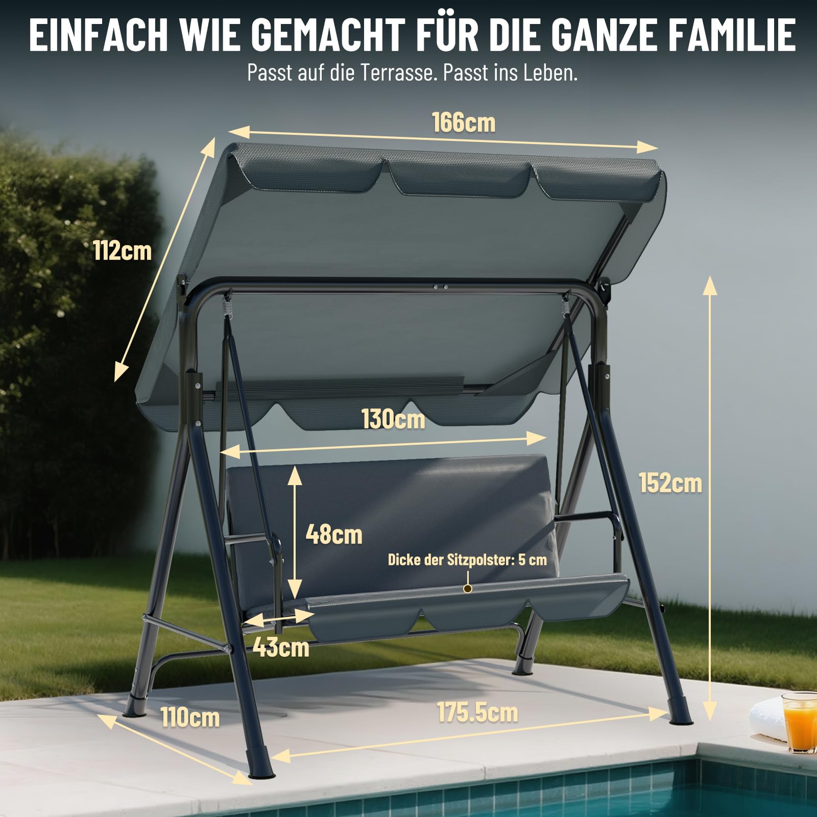 Soontrans 3-Sitzer Hollywoodschaukel, Familienzeit mit Leichtigkeit, Gartenschaukel mit Sonnendach & Gestell & Gepolsterte Sitzauflage, Belastbar bis 200 kg, aus Stahl (193 x 110 x 152 cm, Beige)