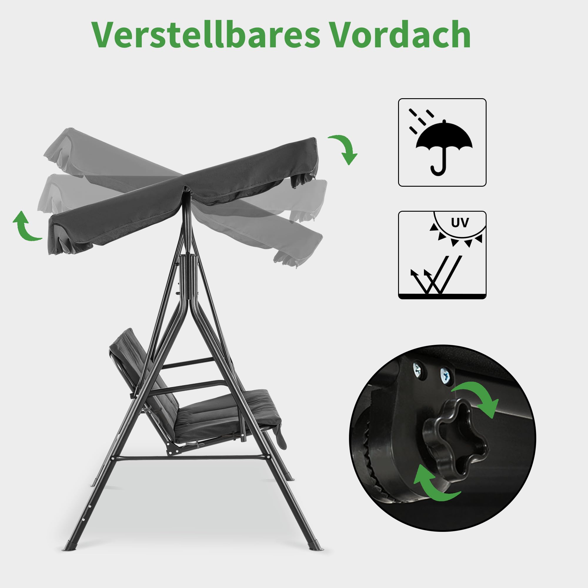 M MCombo 3-Sitzer Hollywoodschaukel, Gartenschaukel mit Verstellbarem Sonnendach, Schaukelbank Outdoor, Gartenliege Wetterfest, 114 x 170 x 155 cm, Grau 8003