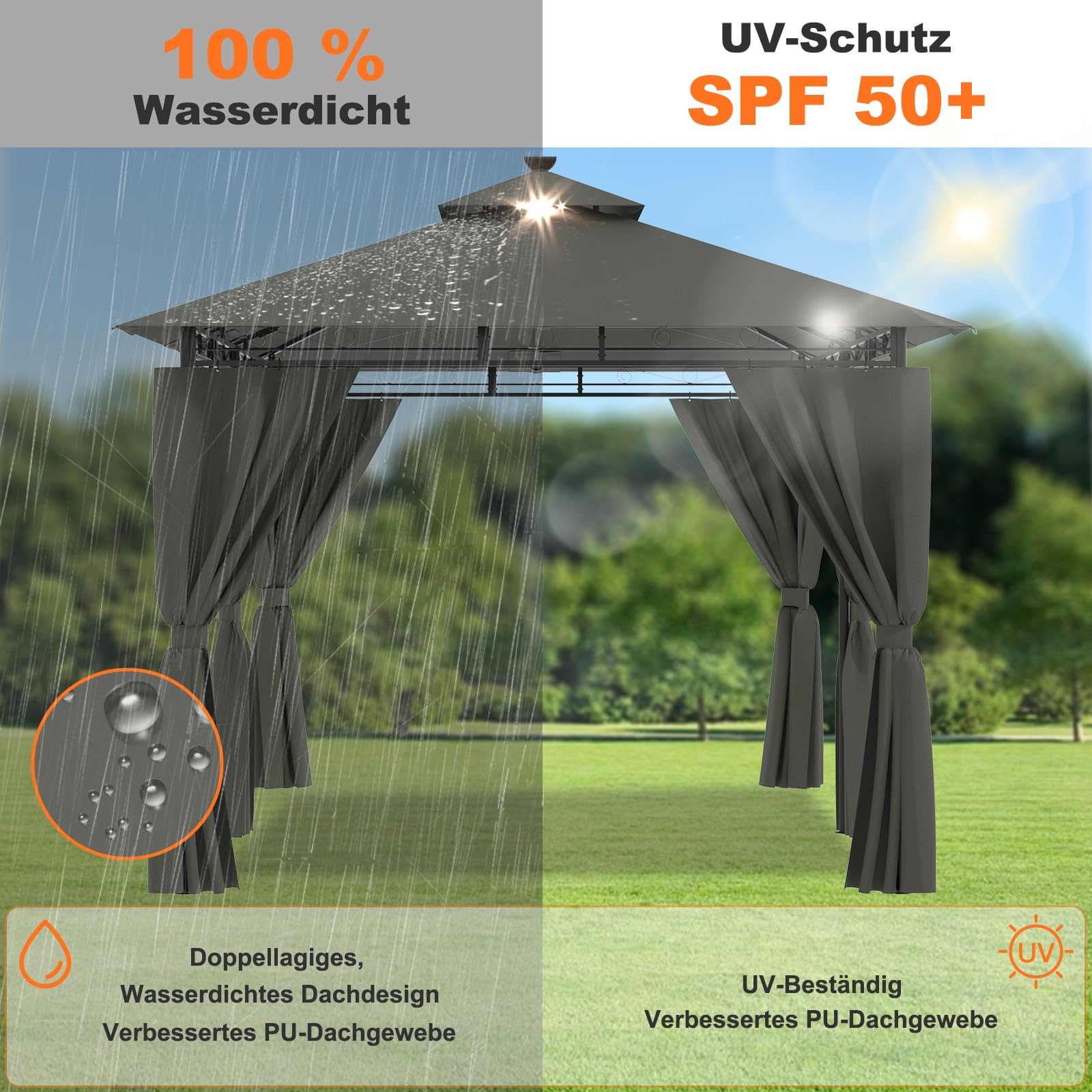 Devoko Garden Pavillon 3x3 Wasserdicht Stabil Winterfest Deluxe Gazebo, UV-Schutz 50+ Doppellagiges Grilpavillons mit seitenwänden für 4-8 Personen, Partyzelt für Freizeit, Partys,Grau mit LED