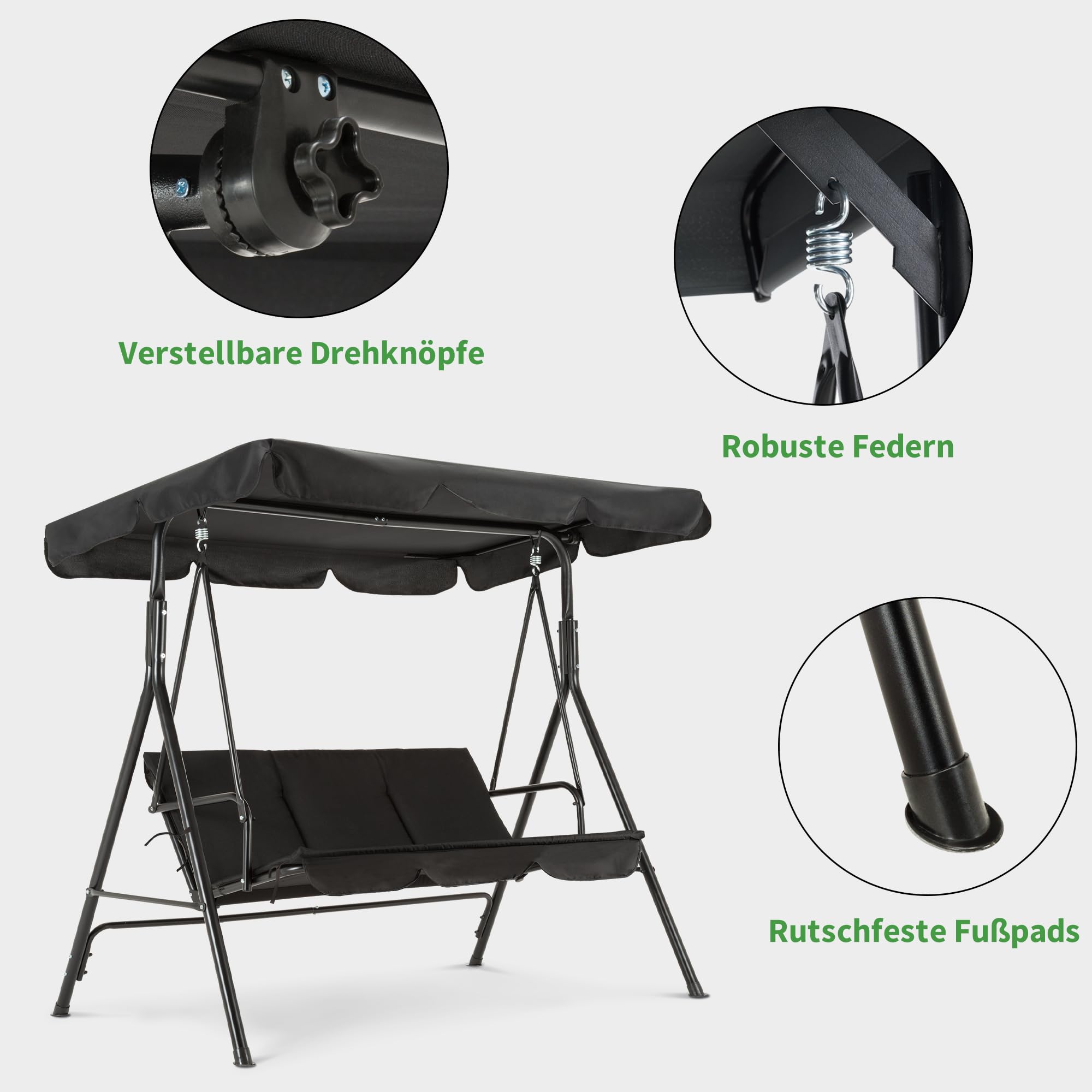 M MCombo 3-Sitzer Hollywoodschaukel, Gartenschaukel mit Verstellbarem Sonnendach, Schaukelbank Outdoor, Gartenliege Wetterfest, 114 x 170 x 155 cm, Grau 8003