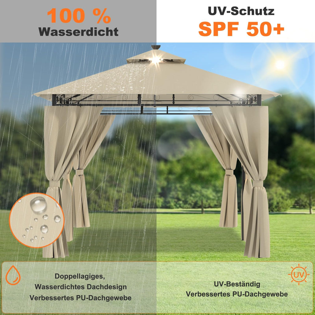 Devoko Garden Pavillon 3x3 Wasserdicht Stabil Winterfest Deluxe Gazebo, UV-Schutz 50+ Doppellagiges Grilpavillons mit seitenwänden für 4-8 Personen, Partyzelt für Freizeit, Partys,Grau mit LED