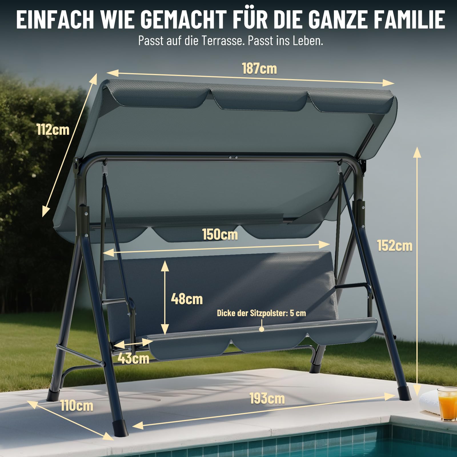 Soontrans 3-Sitzer Hollywoodschaukel, Familienzeit mit Leichtigkeit, Gartenschaukel mit Sonnendach & Gestell & Gepolsterte Sitzauflage, Belastbar bis 200 kg, aus Stahl (193 x 110 x 152 cm, Beige)