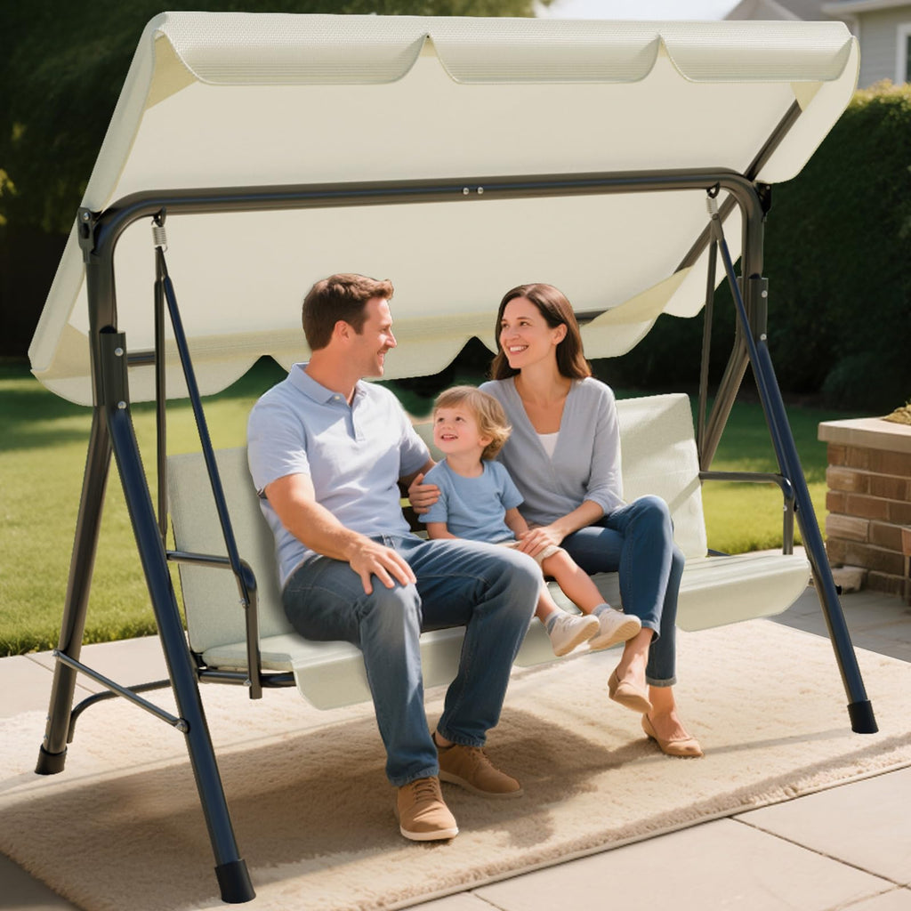 Soontrans 3-Sitzer Hollywoodschaukel, Familienzeit mit Leichtigkeit, Gartenschaukel mit Sonnendach & Gestell & Gepolsterte Sitzauflage, Belastbar bis 200 kg, aus Stahl (193 x 110 x 152 cm, Beige)
