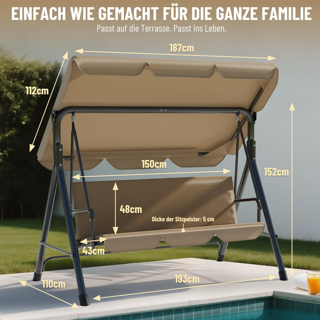 Soontrans 3-Sitzer Hollywoodschaukel, Familienzeit mit Leichtigkeit, Gartenschaukel mit Sonnendach & Gestell & Gepolsterte Sitzauflage, Belastbar bis 200 kg, aus Stahl (193 x 110 x 152 cm, Beige)