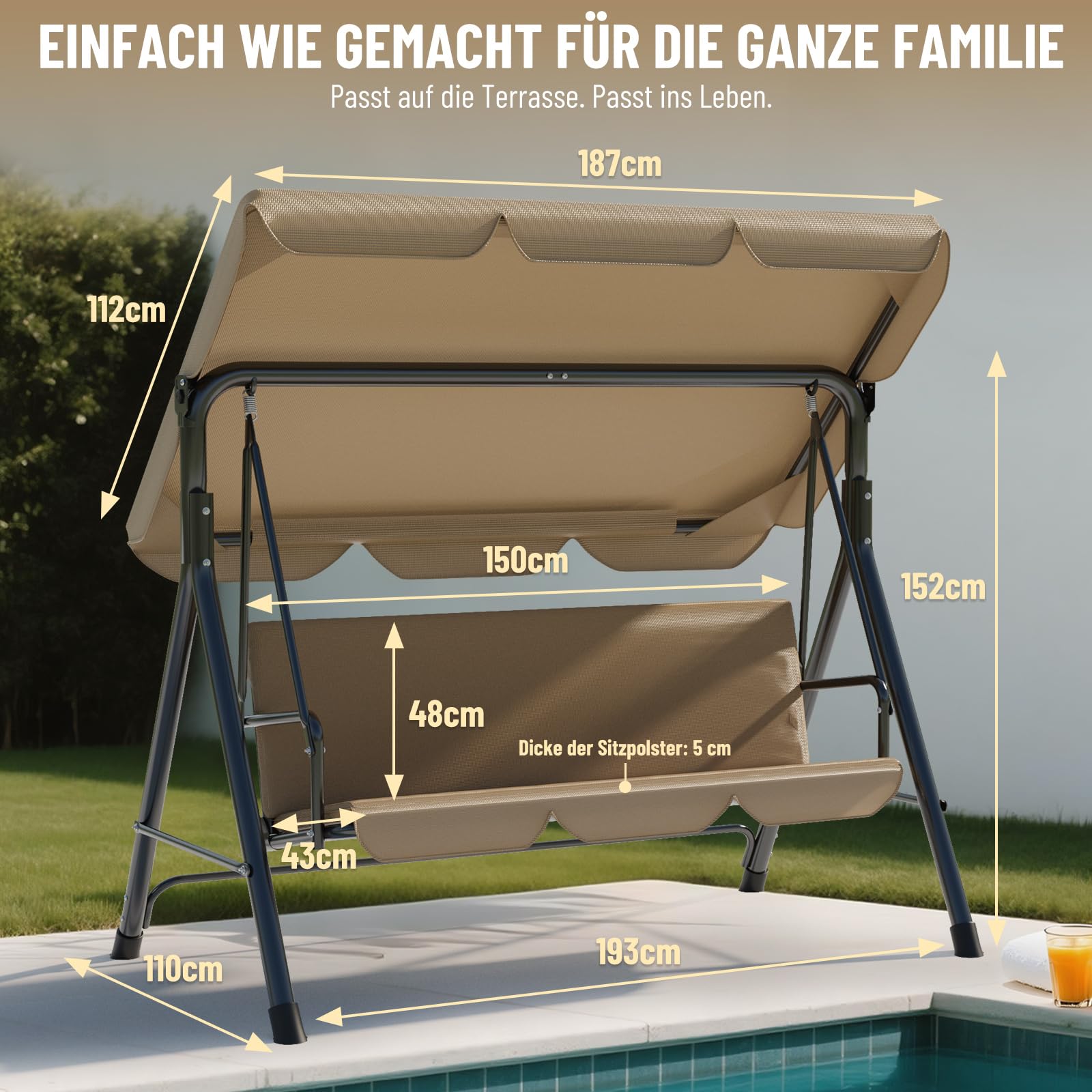 Soontrans 3-Sitzer Hollywoodschaukel, Familienzeit mit Leichtigkeit, Gartenschaukel mit Sonnendach & Gestell & Gepolsterte Sitzauflage, Belastbar bis 200 kg, aus Stahl (193 x 110 x 152 cm, Beige)