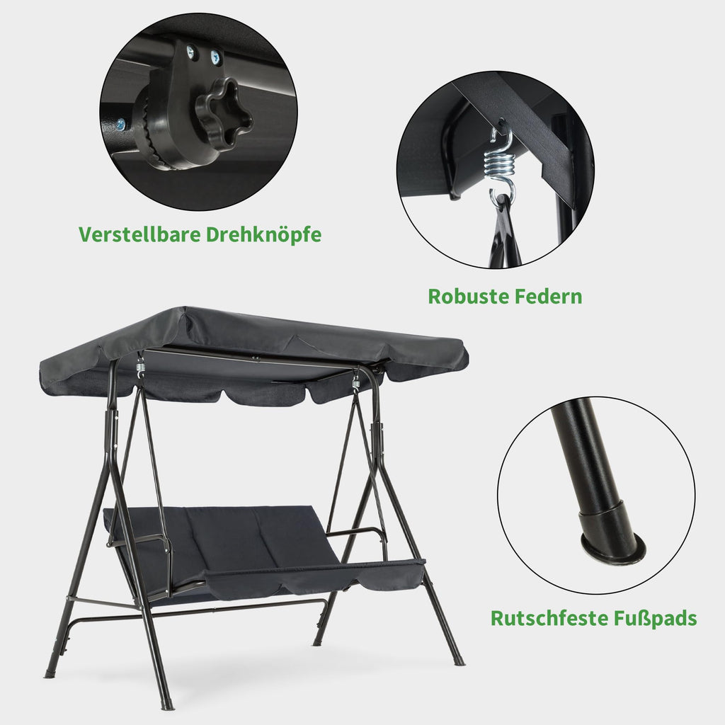 M MCombo 3-Sitzer Hollywoodschaukel, Gartenschaukel mit Verstellbarem Sonnendach, Schaukelbank Outdoor, Gartenliege Wetterfest, 114 x 170 x 155 cm, Grau 8003