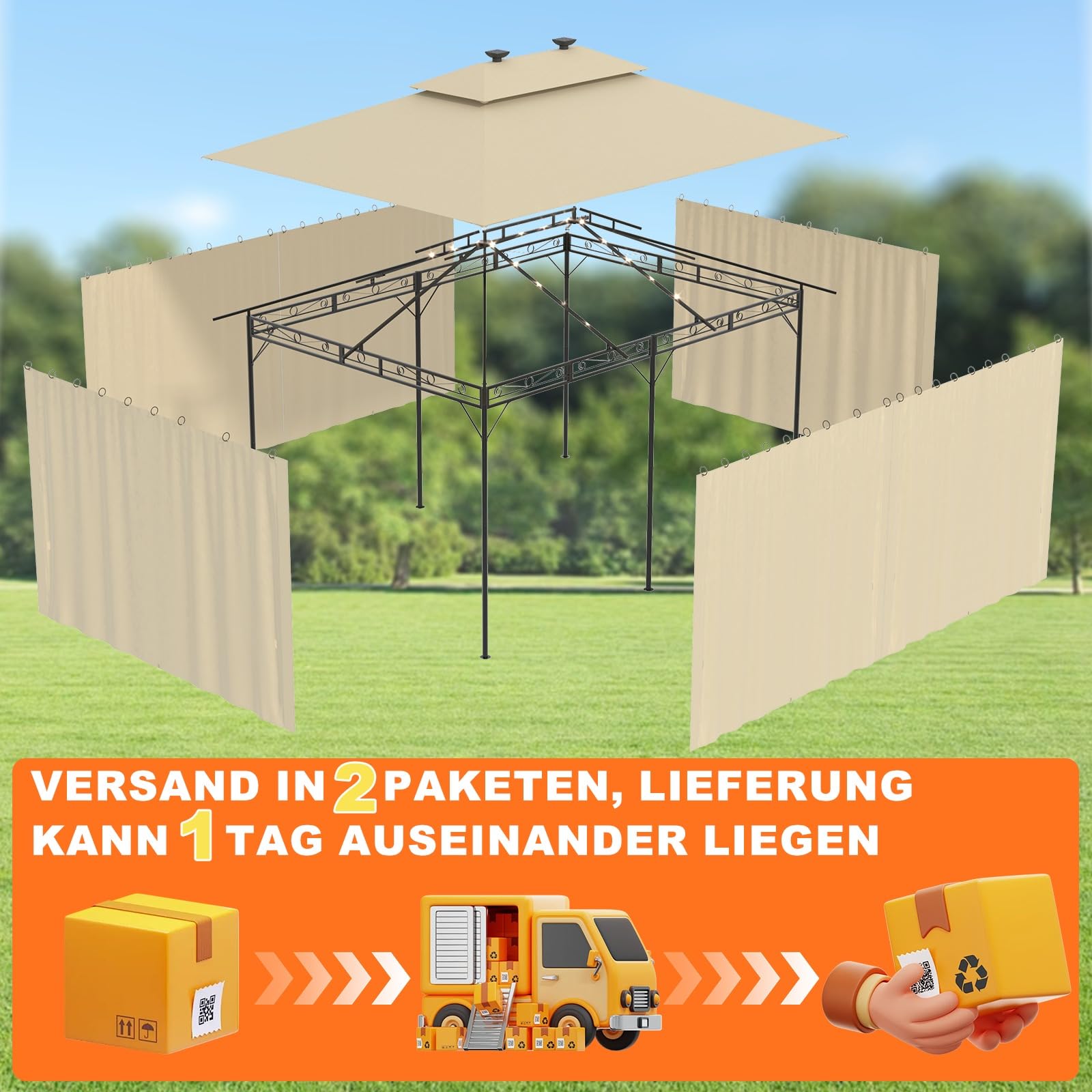 Devoko Garden Pavillon 3x3 Wasserdicht Stabil Winterfest Deluxe Gazebo, UV-Schutz 50+ Doppellagiges Grilpavillons mit seitenwänden für 4-8 Personen, Partyzelt für Freizeit, Partys,Grau mit LED