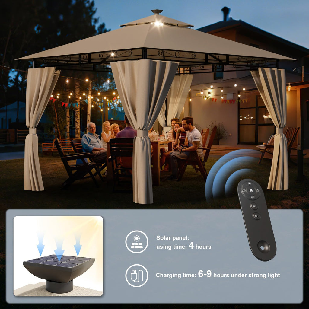 Devoko Garden Pavillon 3x3 Wasserdicht Stabil Winterfest Deluxe Gazebo, UV-Schutz 50+ Doppellagiges Grilpavillons mit seitenwänden für 4-8 Personen, Partyzelt für Freizeit, Partys,Grau mit LED