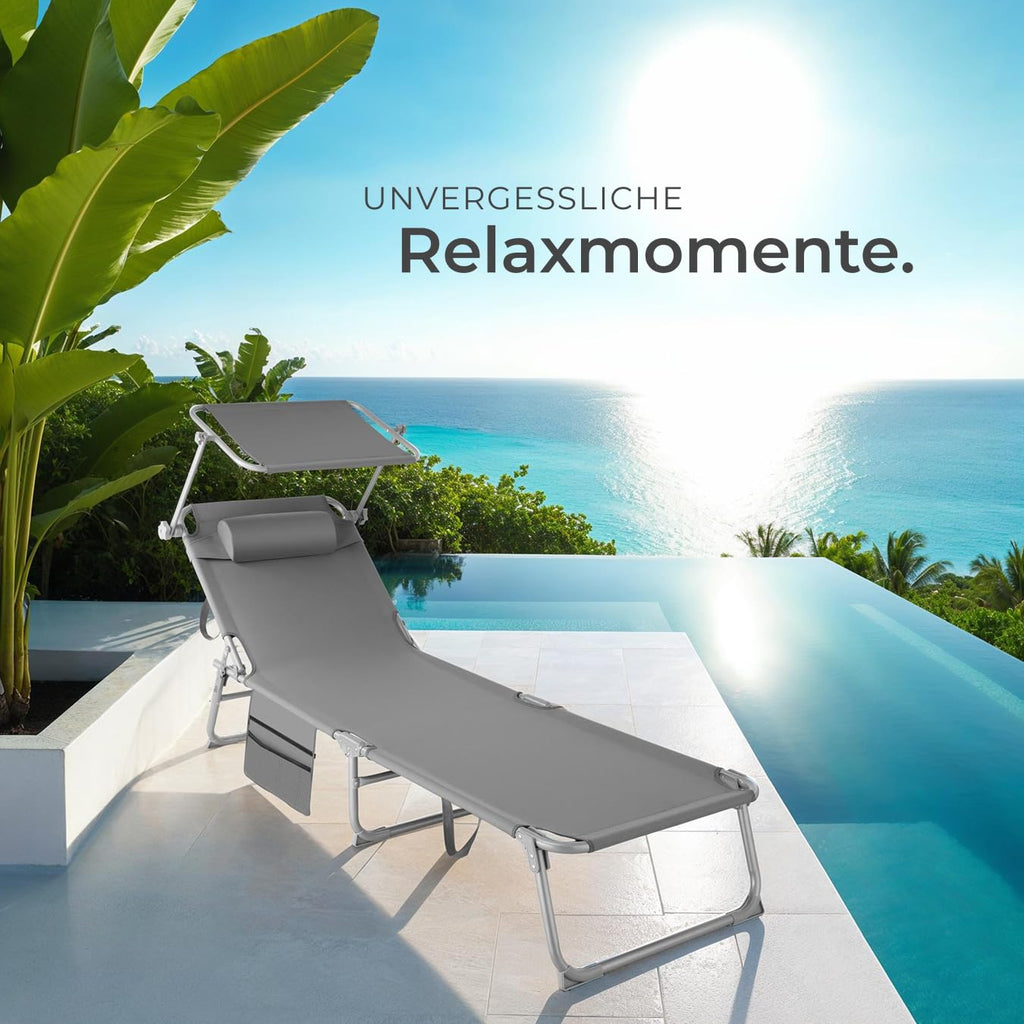 tectake® Sonnenliege klappbar, tragbar, Liege mit Seitentasche, Strandliege, Gartenliege mit Dach, Liegestuhl mit Verstellbarer Rückenlehne, inkl. Kopfkissen - für Balkon, Terrasse, Camping - beige