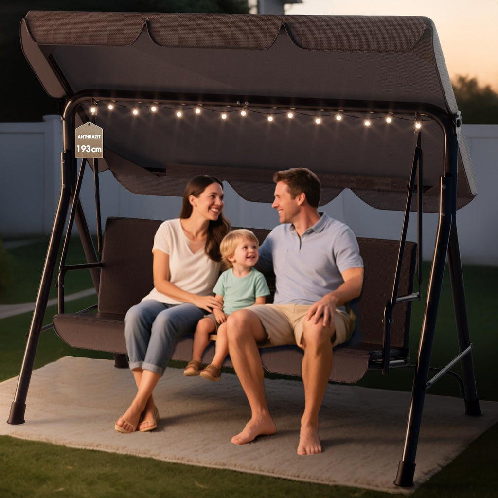 Soontrans 3-Sitzer Hollywoodschaukel, Familienzeit mit Leichtigkeit, Gartenschaukel mit Sonnendach & Gestell & Gepolsterte Sitzauflage, Belastbar bis 200 kg, aus Stahl (193 x 110 x 152 cm, Beige)