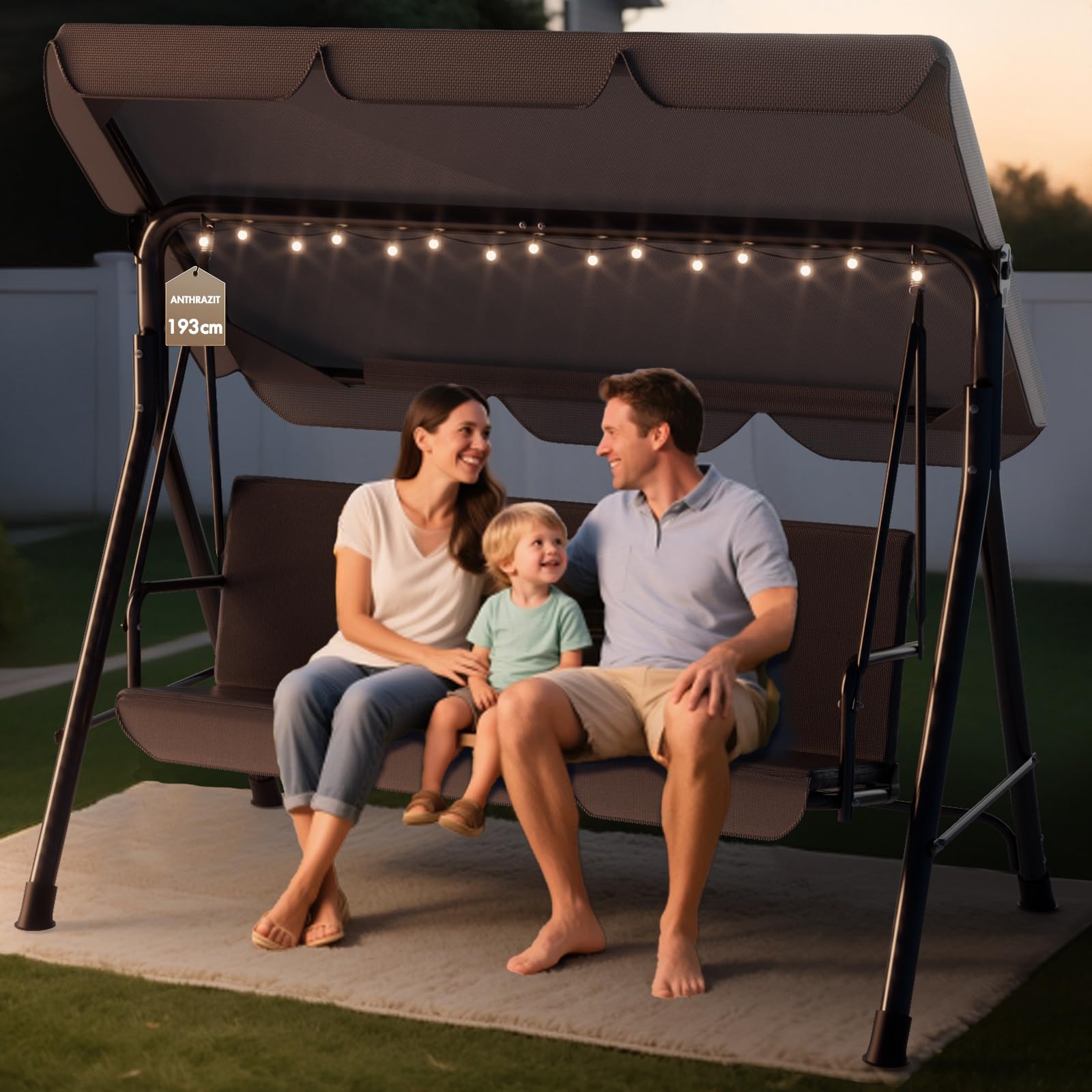Soontrans 3-Sitzer Hollywoodschaukel, Familienzeit mit Leichtigkeit, Gartenschaukel mit Sonnendach & Gestell & Gepolsterte Sitzauflage, Belastbar bis 200 kg, aus Stahl (193 x 110 x 152 cm, Beige)